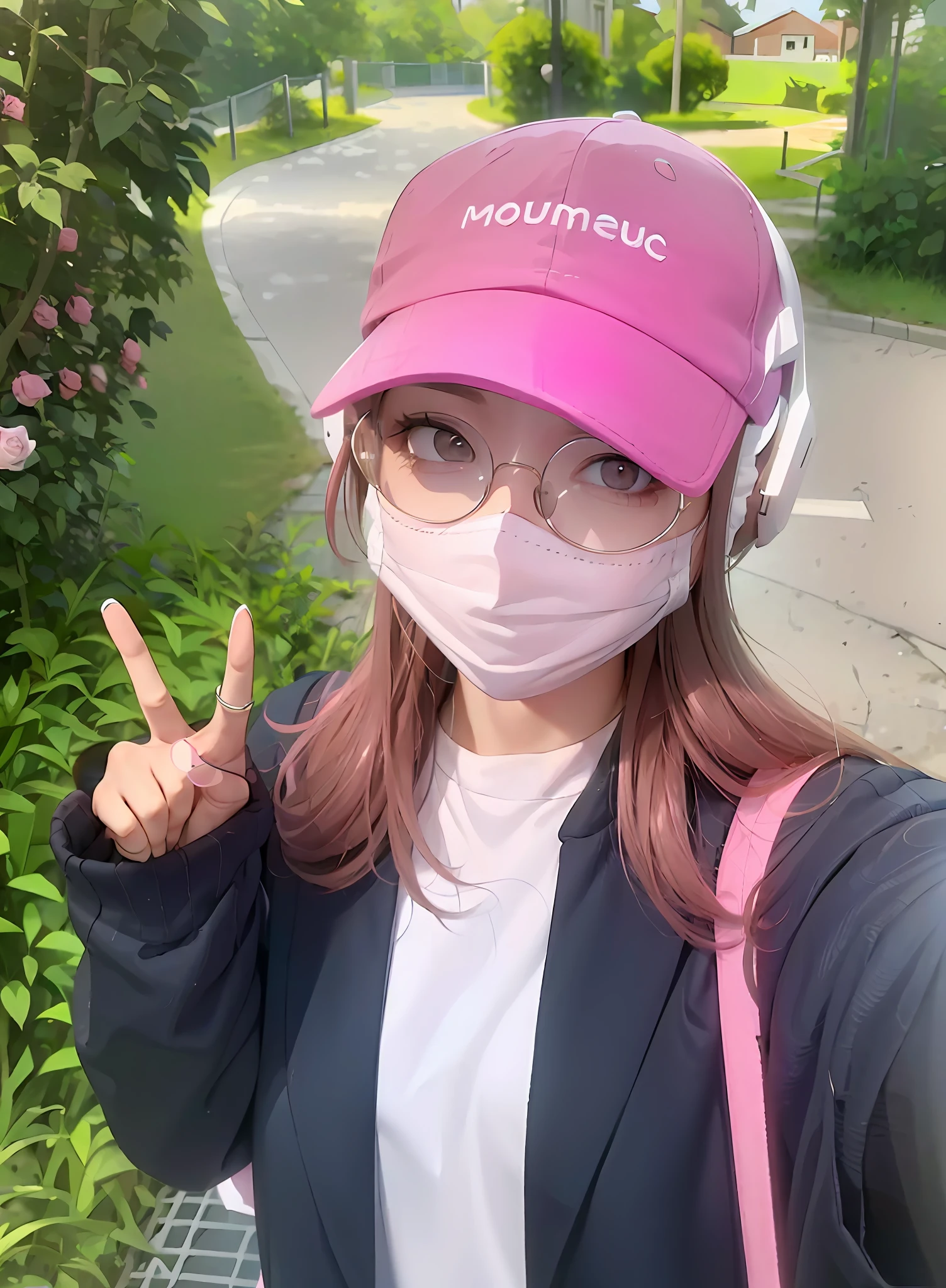 masterpiece, best quality, 1 girl, 1 girl in a pink baseball cap and clear glasses, (using white headset),  wearing a pink mask, a rose canvas bag, a pale pink T-shirt and black suit,