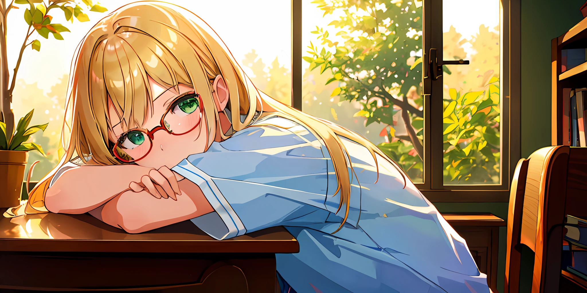 ((masterpiece,best quality, high resolution)), 1girl, solo, green eyes, blonde long hair tied with blue ribbon, blunt bangs, round glasses, sitting, folded arms on the table, sleep on the folded arms, school uniform, white serafuku, red sailor collar, short sleeves, white pleated skirt, (in library), dramatic light, beside window, afternoon light through the window, afternoon, bokeh effect