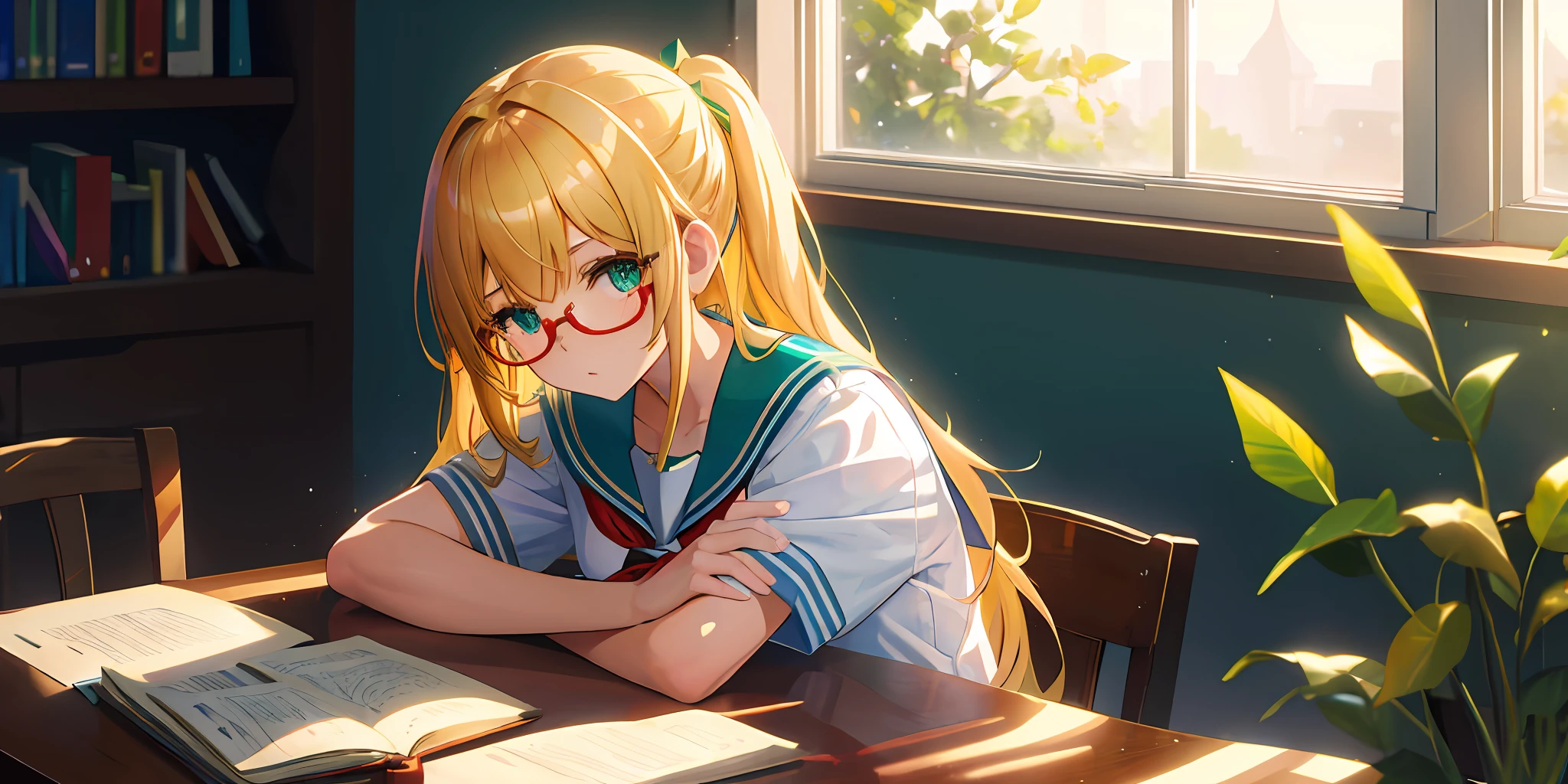 ((masterpiece,best quality, high resolution)), 1girl, solo, green eyes, blonde long hair tied with blue ribbon, blunt bangs, round glasses, sitting, folded arms on the table, sleep on the folded arms, school uniform, white serafuku, red sailor collar, short sleeves, white pleated skirt, (in library), dramatic light, beside window, afternoon light through the window, afternoon, bokeh effect