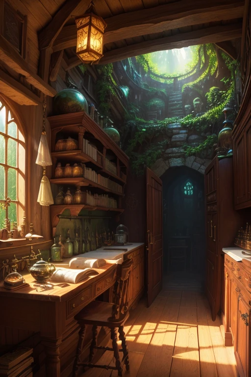 ((best quality)), ((masterpiece)), ((realistic)), (detailed), inside an old esoteric laboratory of astronomy with alchemist workbenches, vials and magic potion, medicinal plants, a pretty enchanted forest that can be seen through the windows, planetariums, astrology symbols, old books and grimmoirs in old cupboards,a beautiful fantasy mage working at at spell book, stunning gradient colors, no watermark signature, detailed background, jungle, trees, insanely detailed, , ((masterpiece)), absurdres, HDR.