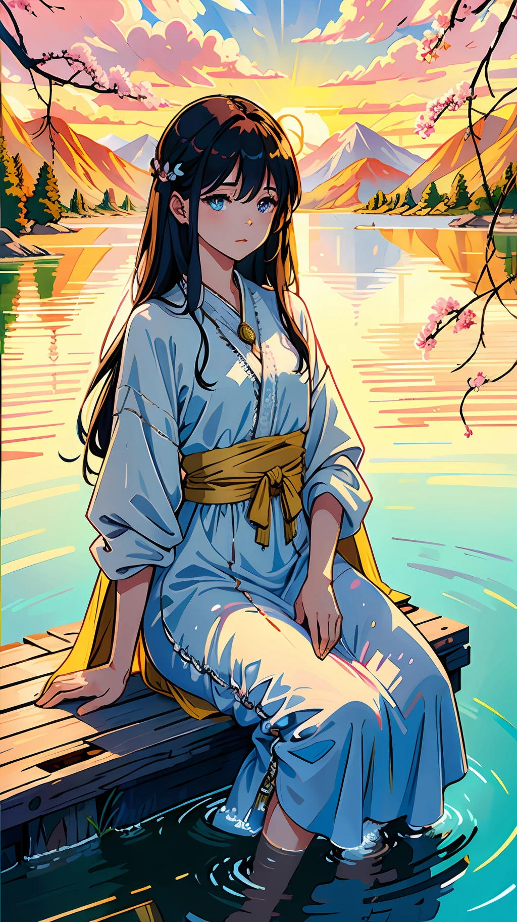 1 girl, serene expression, mesmerizing eyes, straight long hair, flowing dress, poised posture, porcelain skin, subtle blush, crystal pendant BREAK golden hour, (rim lighting):1.2, warm tones, sun flare, soft shadows, vibrant colors, painterly effect, dreamy atmosphere BREAK scenic lake, distant mountains, willow tree, calm water, reflection, sunlit clouds, peaceful ambiance, idyllic sunset, ultra detailed, official art, unity 8k wallpaper , zentangle, mandala
