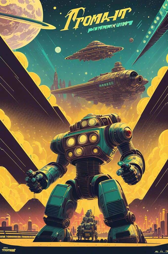 analog style, (mtompunk:1.4), masterpiece, best quality, 8k, pixiv, artstation, sharp focus, classic pulp art illustration of big retro humanoid robot attacking atompunk city, night, space, stars, planet, mars, spaceship, alien, beautiful atompunk cityscape, (classic \(comic\) style:1.4), (flat color:1.4), vintage effect