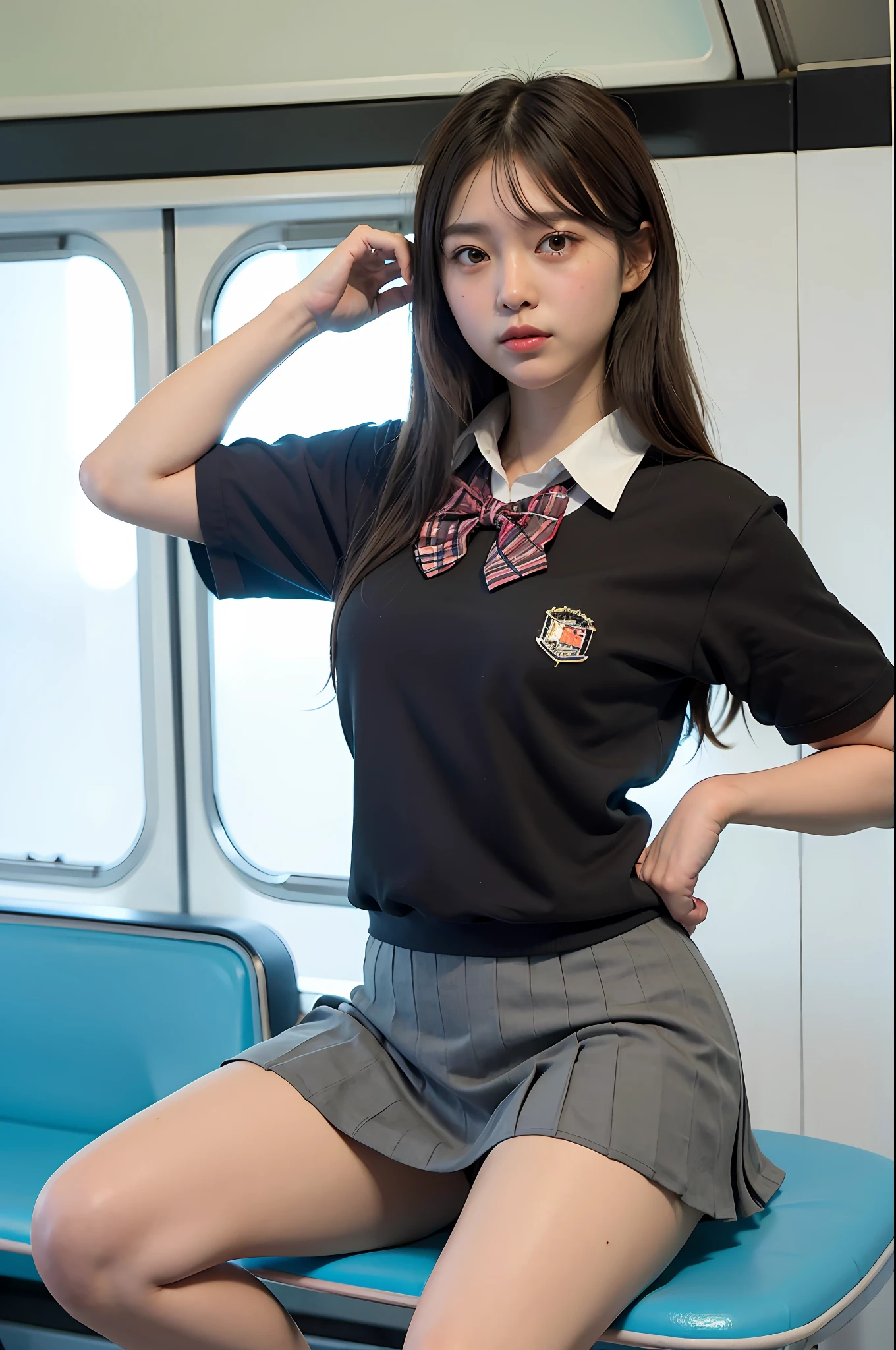 arafed asian woman in a short skirt and bow tie sitting on a train, cute schoolgirl, japanese girl school uniform, wearing japanese school uniform, japanese school uniform, a hyperrealistic schoolgirl, dressed as schoolgirl, hyperrealistic schoolgirl, wearing school uniform, realistic schoolgirl, girl wearing uniform, wearing a school uniform, of a schoolgirl posing, full body, nice skin, glowing skin, nice thighs,glowing thigh, glowing legs