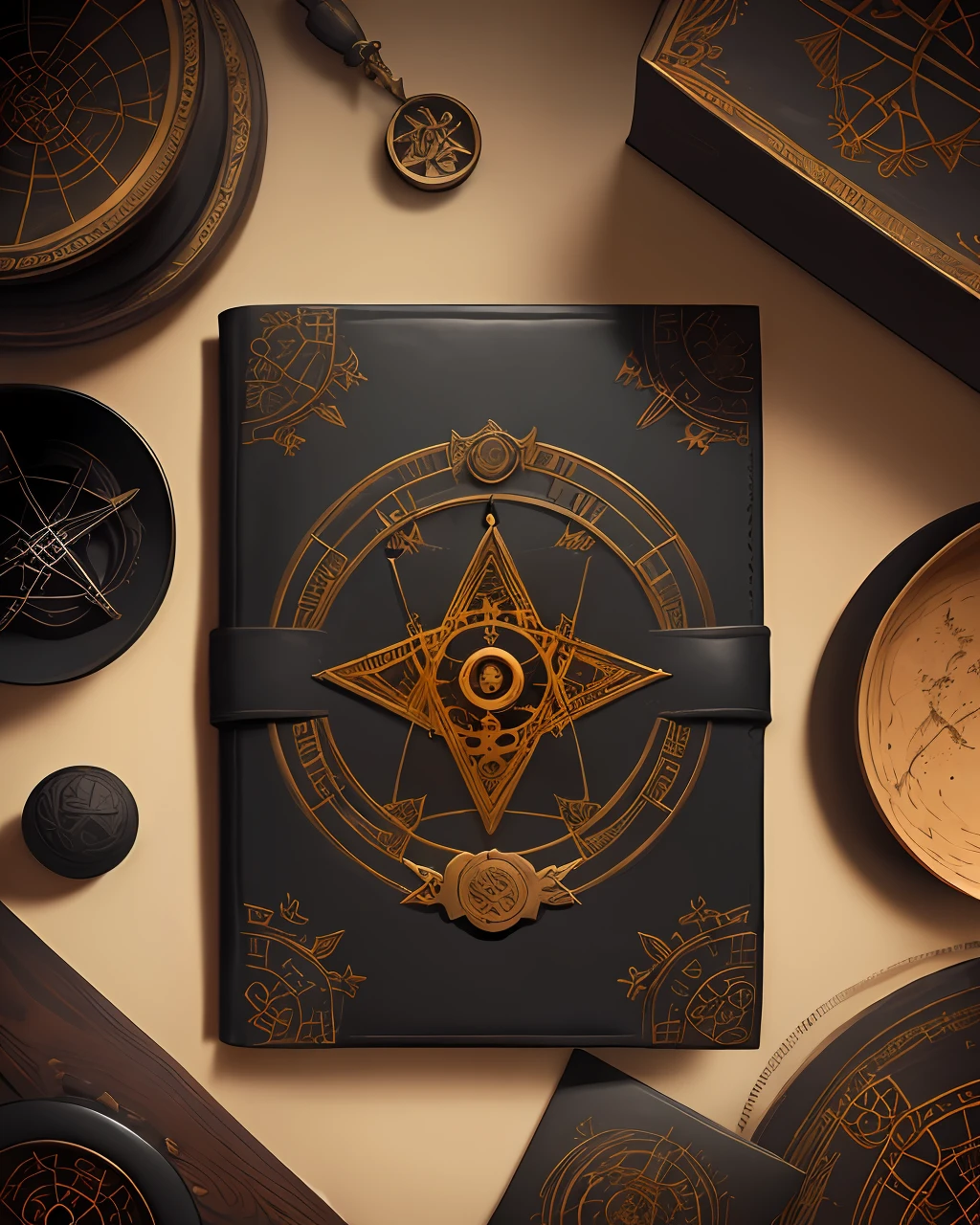 the front cover of a sinister and ancient codex bound in scruffy black and amber leather featuring occult gold symbols, furniture and tooling, view from above, centred, extremely high details, scruffy:1.5, rough:1.5, stained:1.5, bright natural colours:1.5, sinister, dark