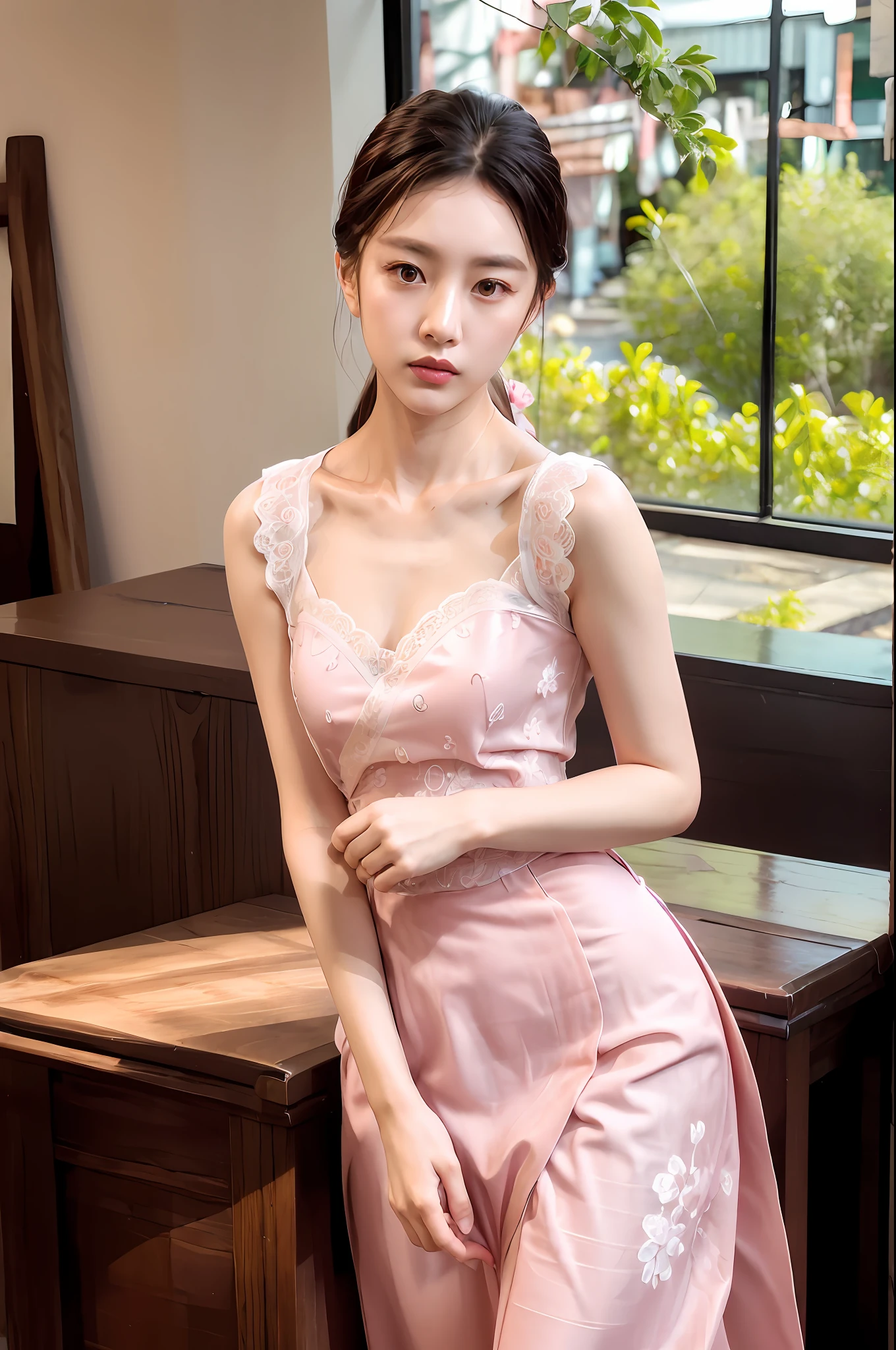 Gentle and charming Chinese beautiful woman, upper body photo, exquisite and sexy collarbone, charming oval face, double eyelids, smart peach blossom eyes, pink lips, small nose, bare shoulders, focused face, face close-up, ultra-high-definition, Super details, elegant standing, lace embroidered high-waisted skirt, lace flower hollow design, meticulous workmanship, full of big-name style, the tight skirt is perfectly wrapped, so that the natural and smooth body lines are fully displayed.