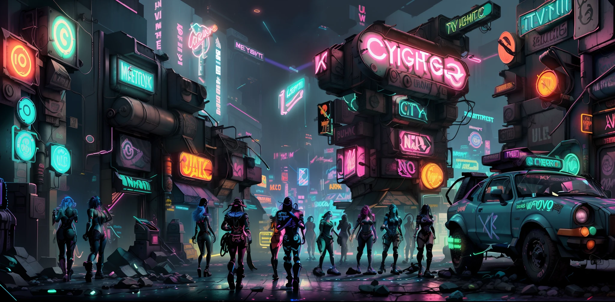 brightly lit city street scene with neon lights and people walking, retrofuturistic digital painting, cyberpunk dreamscape, luminescent concept art, 1 9 8 0 s concept art, cyberpunk nightclub, cyberpunk garage on jupiter, cinematic neon matte painting, metaverse concept art, futuristic digital painting, epic retrowave art, sci-fi night club, neon glow concept art