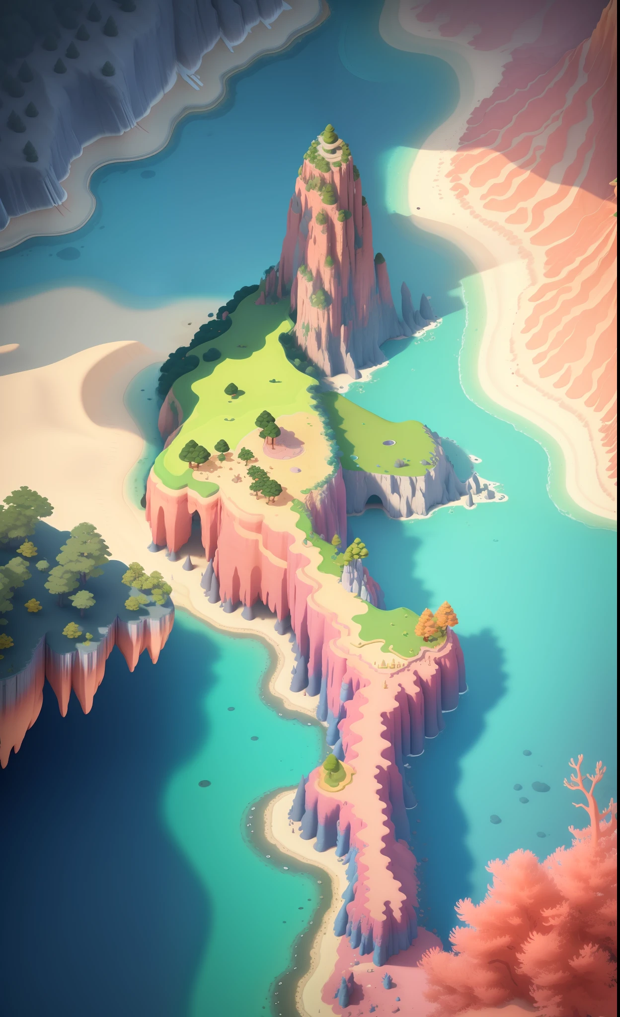 game map, (game concept art design: 1.1), isometric art, (cartoon hand drawn style: 1.2), simple geometry, (color: 0.6), detail, flat game art, 3d, low mesh, top view, top view, plat ,(bush,:1.2),(night:1.3),(interiors:1.3),cliffs,waterfalls,middle desert,beach,coconut trees,corals,stone roads,game engine rendering,super high quality rendering,clear lines , geometry, masterpiece, best quality, official art, C4D, extremely detailed CGunity 8K wallpaper, very detailed, illustration, unreal engine, artstation, unreal 5, daz, hyperrealism, octane rendering, high quality shadows,