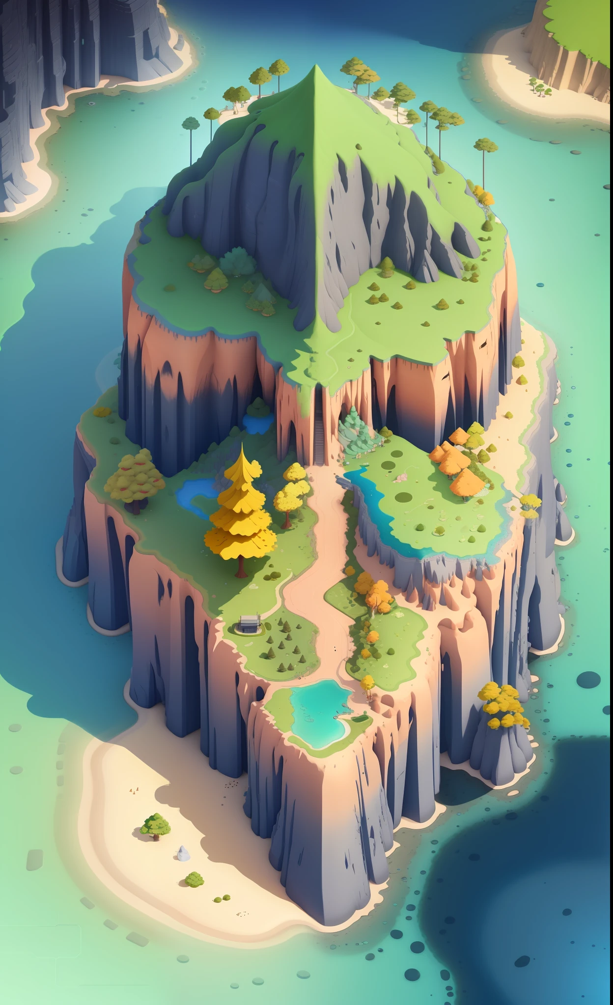 game map, (game concept art design: 1.1), isometric art, (cartoon hand drawn style: 1.2), simple geometry, (color: 0.6), detail, flat game art, 3d, low mesh, top view, top view, plat ,(bush,:1.2),(night:1.3),(interiors:1.3),cliffs,waterfalls,middle desert,beach,coconut trees,corals,stone roads,game engine rendering,super high quality rendering,clear lines , geometry, masterpiece, best quality, official art, C4D, extremely detailed CGunity 8K wallpaper, very detailed, illustration, unreal engine, artstation, unreal 5, daz, hyperrealism, octane rendering, high quality shadows,