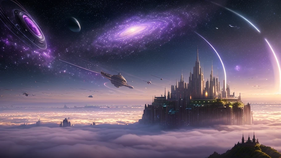 ((master piece)),best quality, (8k, best quality, masterpiece:1.2), ultra-detailed, illustration, Grand scene, big city, Science fiction, ethereal city, Floating city, many planets in the skies, clouds around, celestial architecture, purple energy scarring around