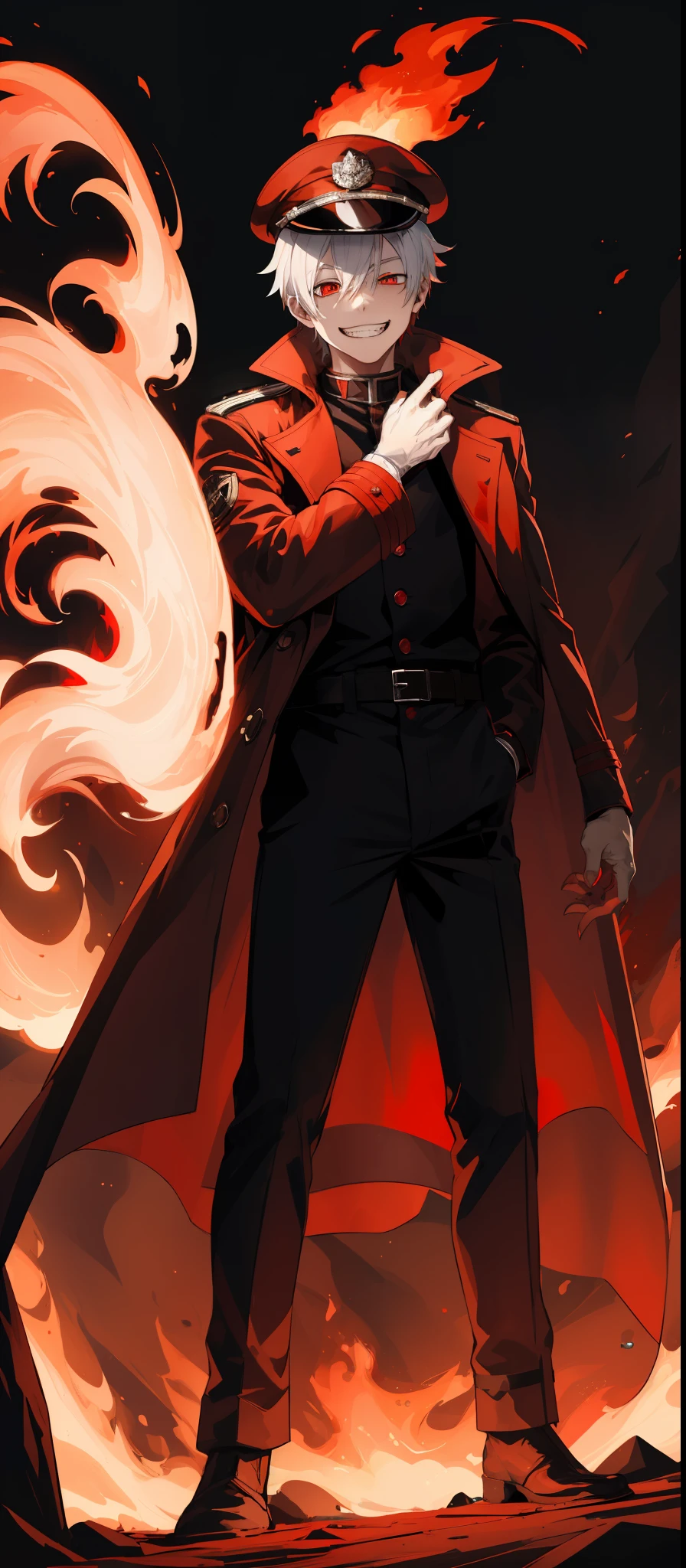 1boy, glowing red mechanical eyes, white hair, fire, masterpiece, HD, vibrant, horror, full body view, blood over mouth, grin, black trench coat, peaked general cap, wolf ears