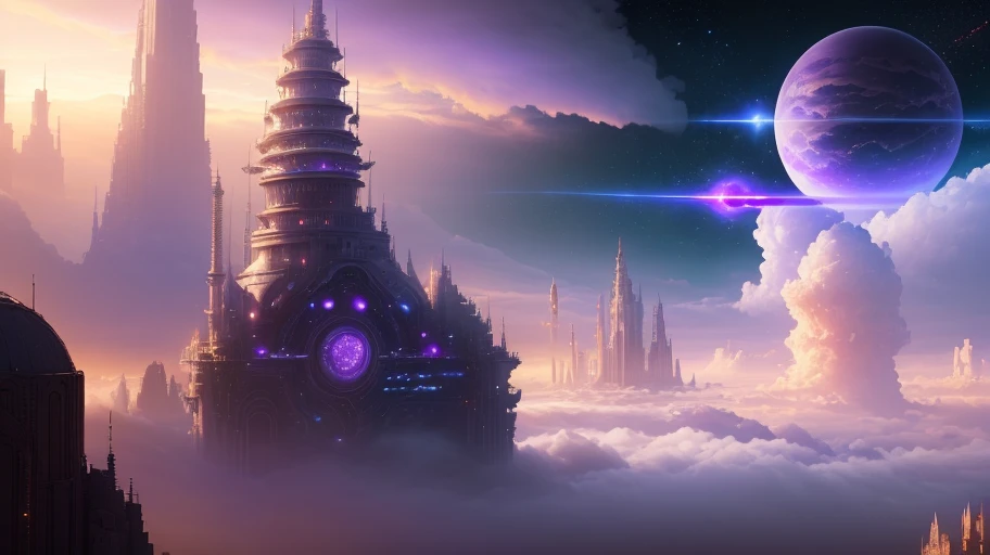 ((master piece)),best quality, (8k, best quality, masterpiece:1.2), ultra-detailed, illustration, Grand scene, Big City ruins, Science fiction, (ethereal city), Floating city, many planets in the skies, clouds around, celestial architecture, purple energy scarring around