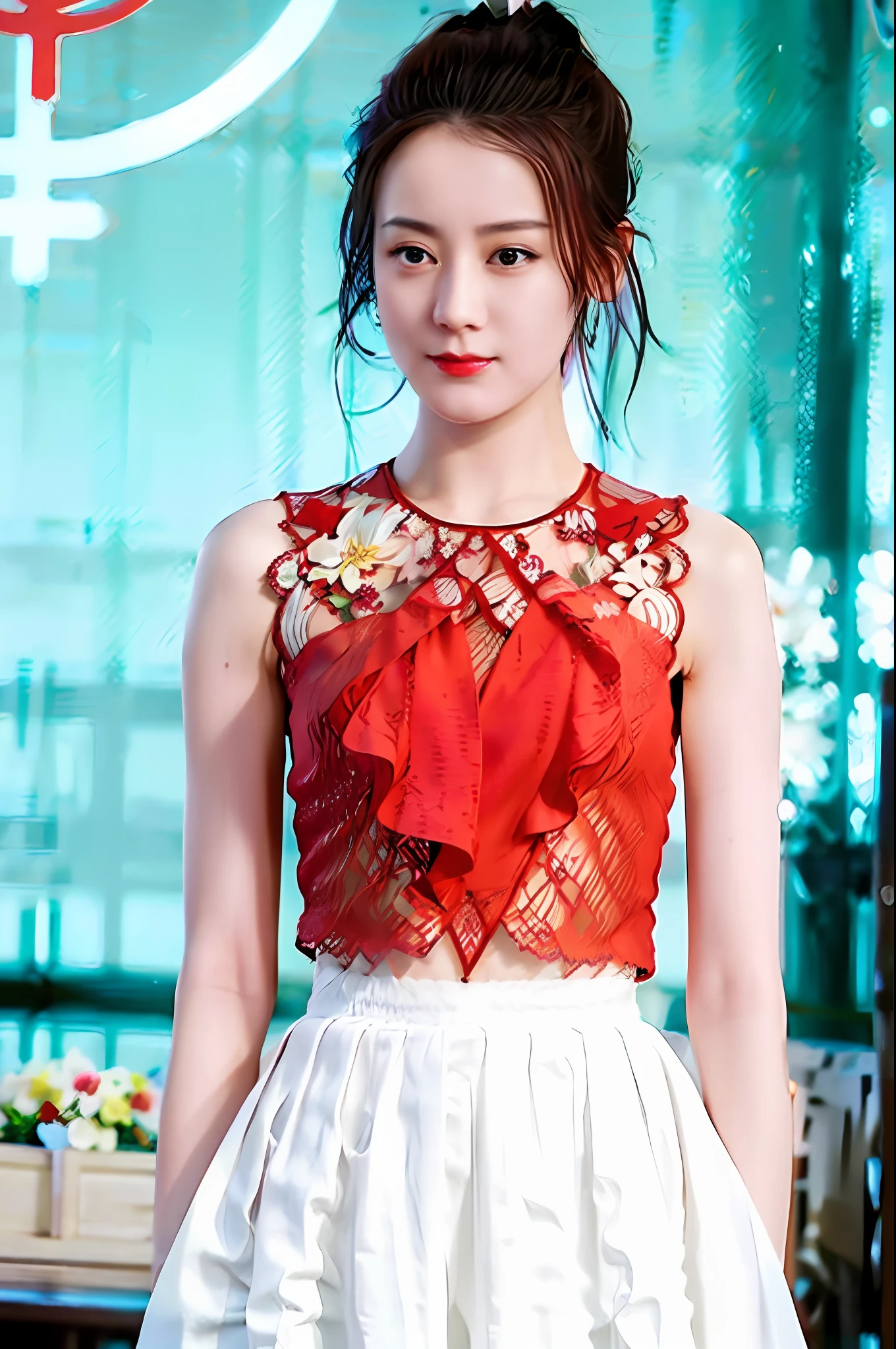 Gentle and charming Chinese beautiful woman, upper body photo, exquisite and sexy collarbone, charming oval face, double eyelids, smart peach blossom eyes, pink lips, small nose, bare shoulders, focused face, face close-up, ultra-high-definition, Super details, elegant standing, lace embroidered high-waisted skirt, lace flower hollow design, meticulous workmanship, full of big-name style, the tight skirt is perfectly wrapped, so that the natural and smooth body lines are fully displayed.