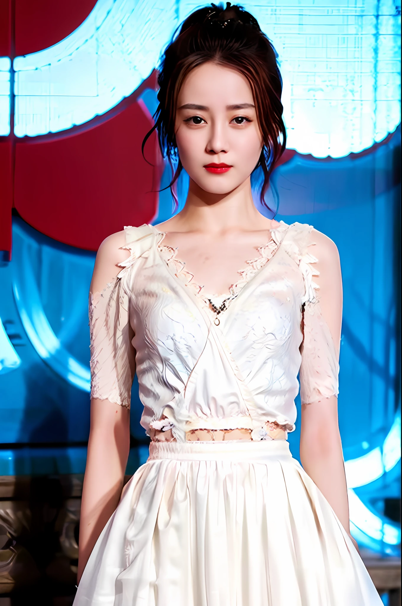 Gentle and charming Chinese beautiful woman, upper body photo, exquisite and sexy collarbone, charming oval face, double eyelids, smart peach blossom eyes, pink lips, small nose, bare shoulders, focused face, face close-up, ultra-high-definition, Super details, elegant standing, lace embroidered high-waisted skirt, lace flower hollow design, meticulous workmanship, full of big-name style, the tight skirt is perfectly wrapped, so that the natural and smooth body lines are fully displayed.