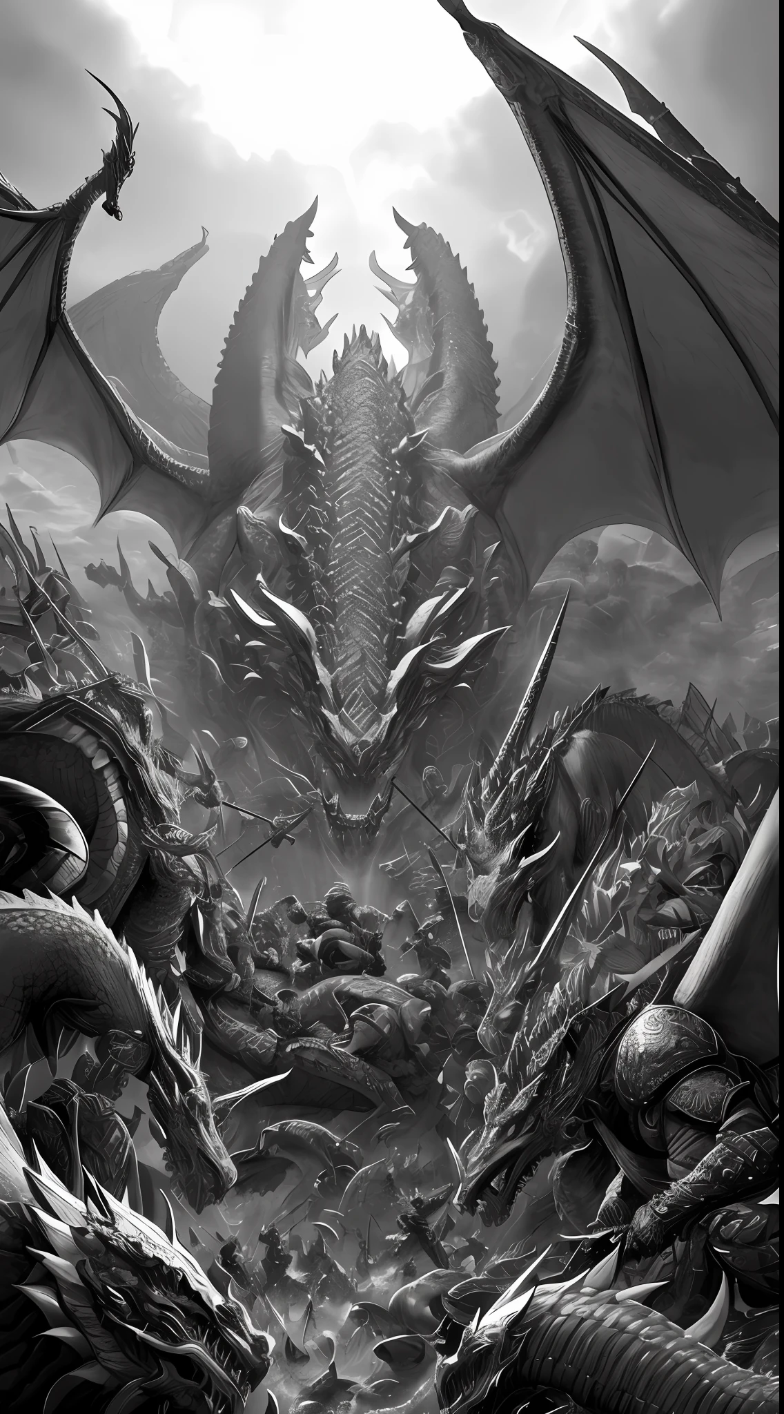 Hyper Detailed detailed wide manga scene wide crazy scene with many extremely detailed and sharp details wounded ancient giant European dragon fighting in a medieval battlefield surrounded by soldiers and mercenaries fighting each other with swords spears and shields from Kentaro Miura, by Claudio Pilia, background depicts a foggy dark medieval battlefield with many details such as floating banners, flaming catapult projectiles in the sky, broken weapons, collapsed soldiers and horses, crazy and realistic dragon details, extremely high detail throughout the scene, hyper-detailed battle scene , Extensive cinematic scenes, intense combat, extremely detailed dragon scales, eyes and head, extremely detailed weapons and armor, extremely detailed faces, show an insanely detailed movie scene with extremely high detail official art, Unity 8K wallpaper, ultra-detailed, beautiful and aesthetic, high quality , beautiful, masterpiece, best quality, (Zentangle, Mandala, Tangle, Entangle:0.6),