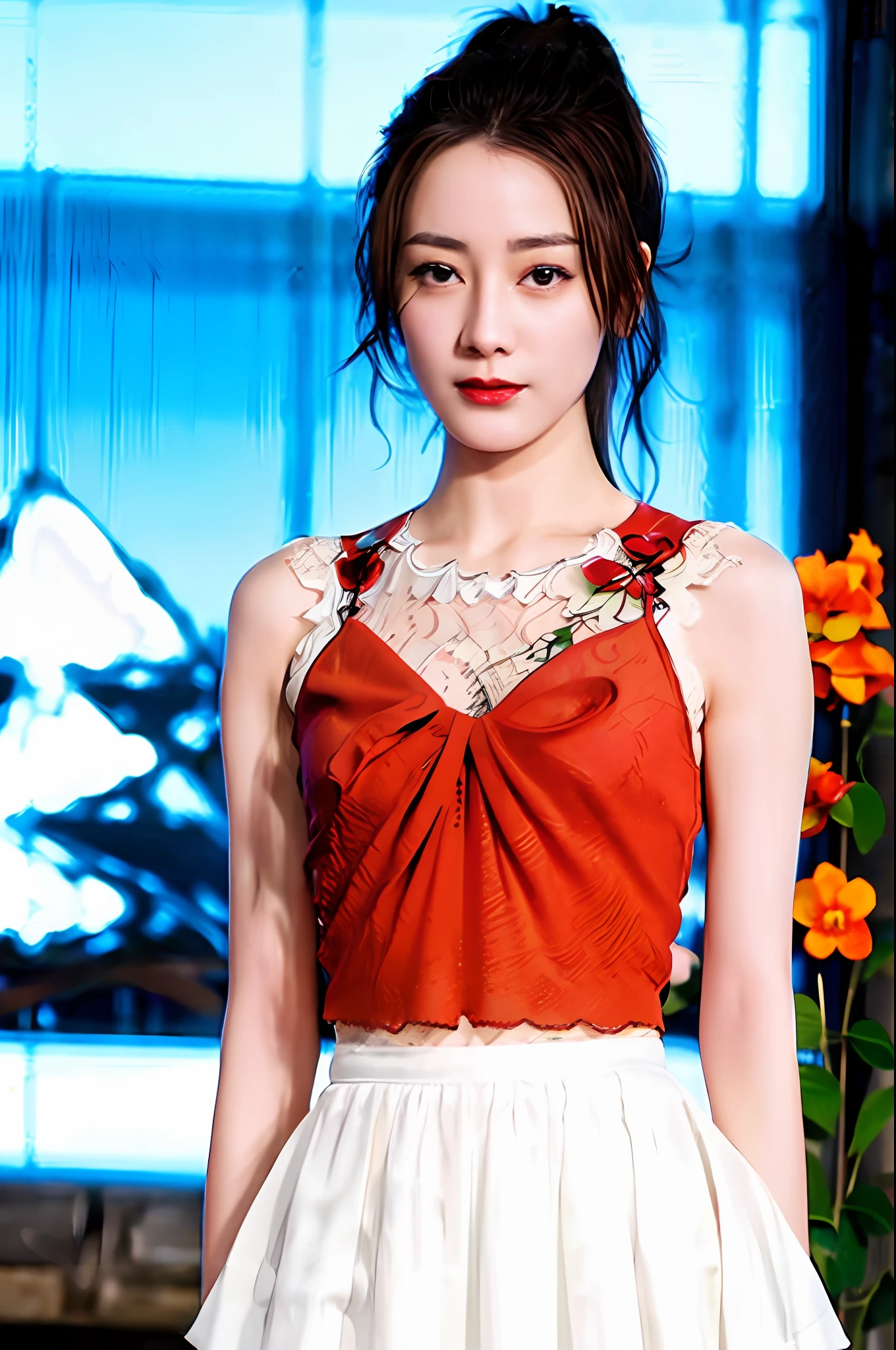 Gentle and charming Chinese beautiful woman, upper body photo, exquisite and sexy collarbone, charming oval face, double eyelids, smart peach blossom eyes, pink lips, small nose, bare shoulders, focused face, face close-up, ultra-high-definition, Super details, elegant standing posture, embroidered hip-covering lace skirt, water-soluble lace, full of artistic and three-dimensional sense, the upper body is elegant, romantic and feminine, and the lower body curve is more perfect.