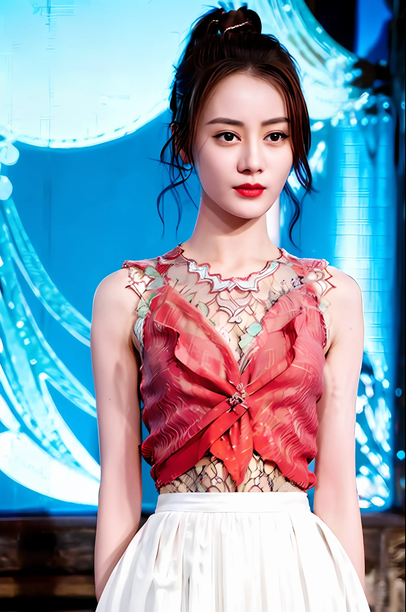 Gentle and charming Chinese beautiful woman, upper body photo, exquisite and sexy collarbone, charming oval face, double eyelids, smart peach blossom eyes, pink lips, small nose, bare shoulders, focused face, face close-up, ultra-high-definition, Super details, elegant standing posture, embroidered hip-covering lace skirt, water-soluble lace, full of artistic and three-dimensional sense, the upper body is elegant, romantic and feminine, and the lower body curve is more perfect.