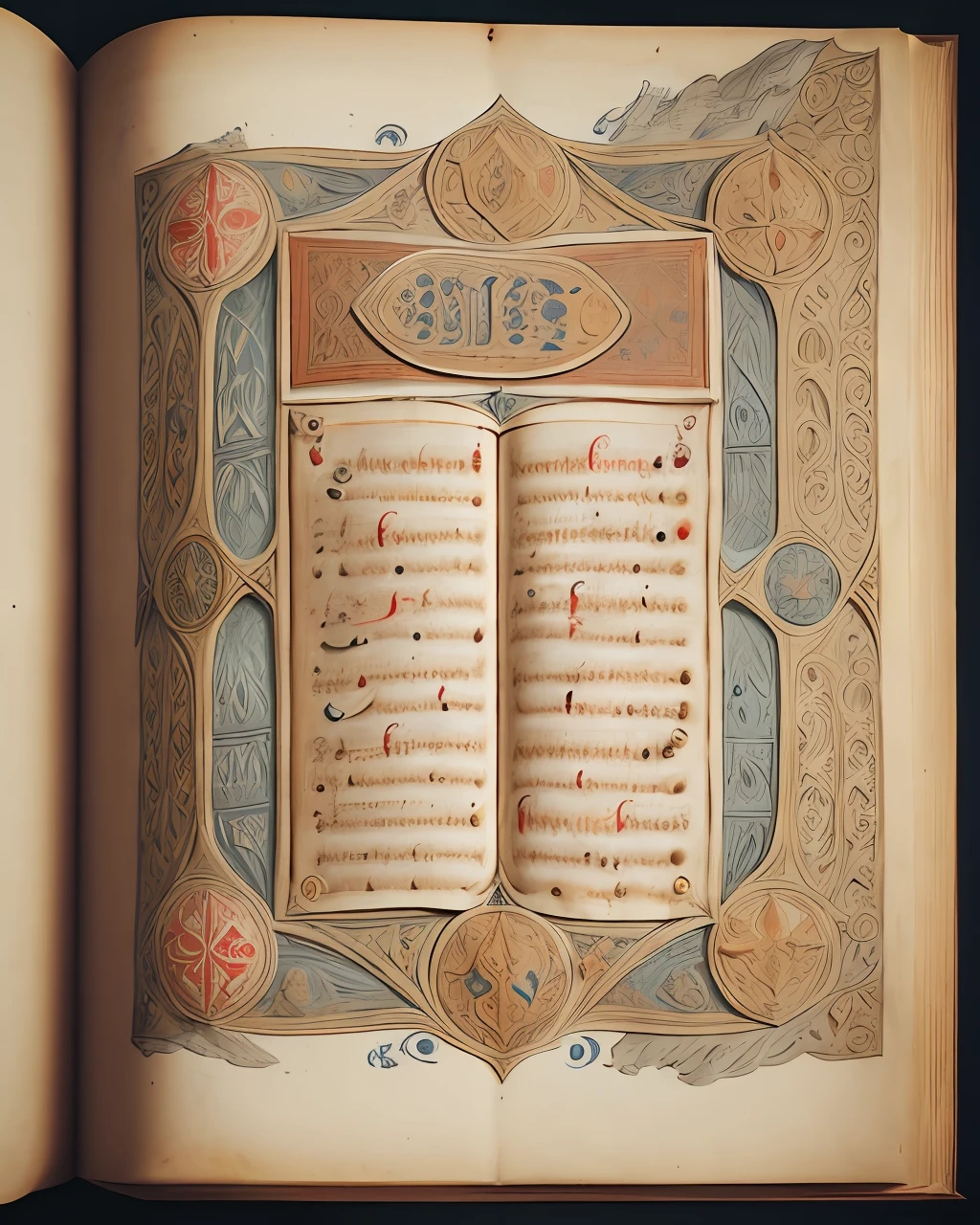 An ancient medieval manuscript with detailed and intricate and calligraphic text, bestiary, exceptionally high details, aerial view from above, centred, scruffy:1.5, rough1:5, stained:1.5, bright natural colours:1.5