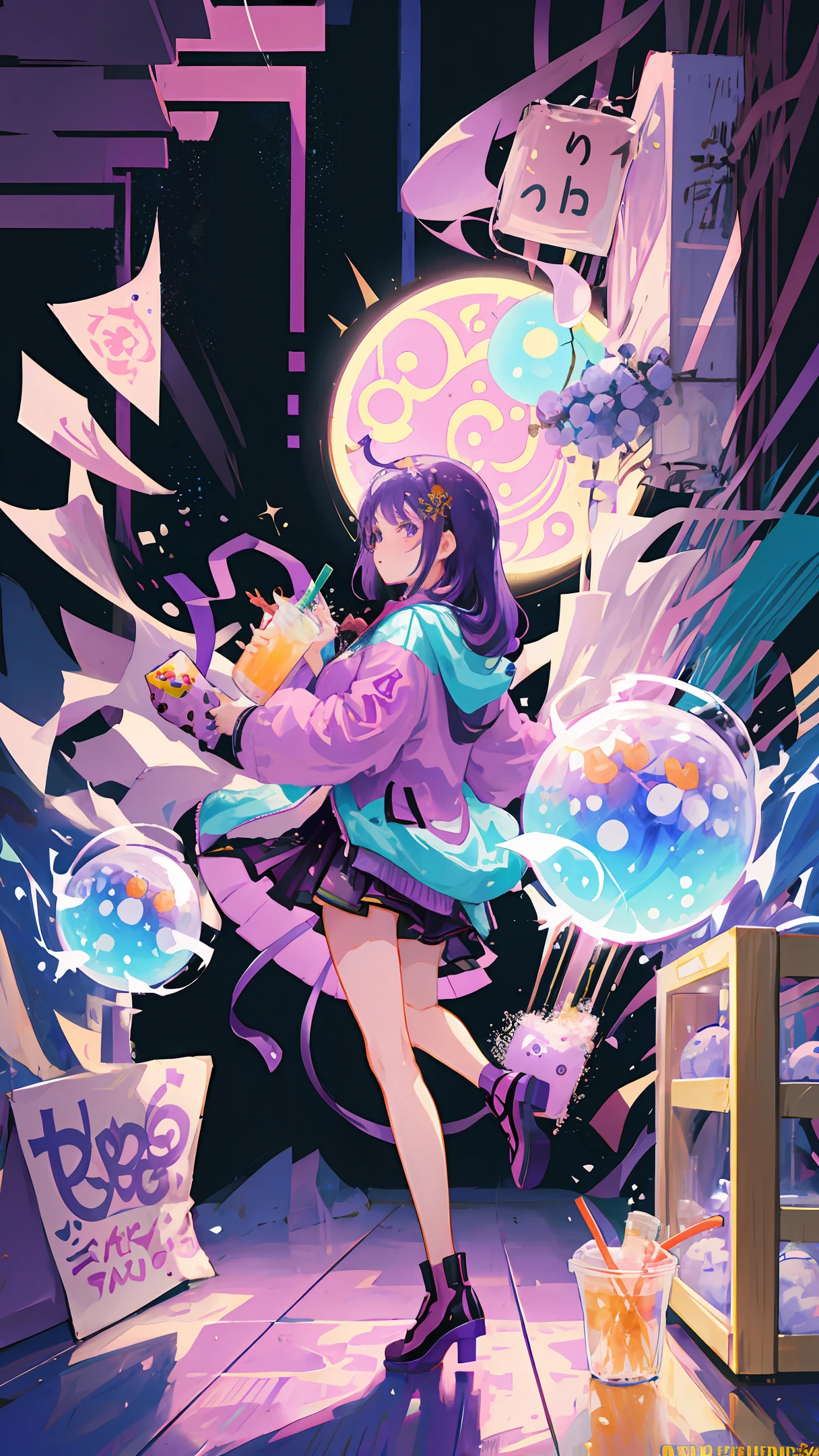 a purple background with a bubble tea and a moon, concept art by Tan Ting-pho, tumblr, conceptual art, drinking boba tea, cute artwork, purple drank, illustration style, cute illustration, spilling juice, berry juice, with a straw, slush)), cute art style, lofi art, berry juice dripping, berry juice drips, galaxy in a bottle