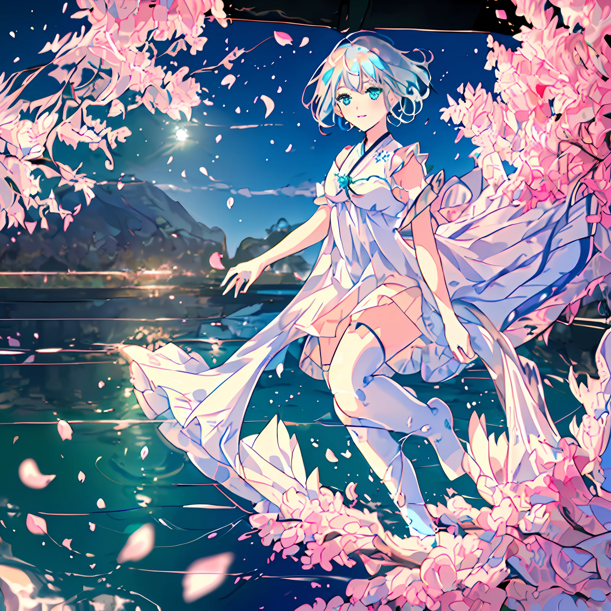 (beautiful girl floating in the water, blue eyes, multi-color hair: 1.3+silver hair: 1.3+ red hair: 1.3+ yellow hair: 1.3+ green hair: 1.3), colorful sakura petals, deep frame, rich colors, water effect, open clothing, white stockings.
