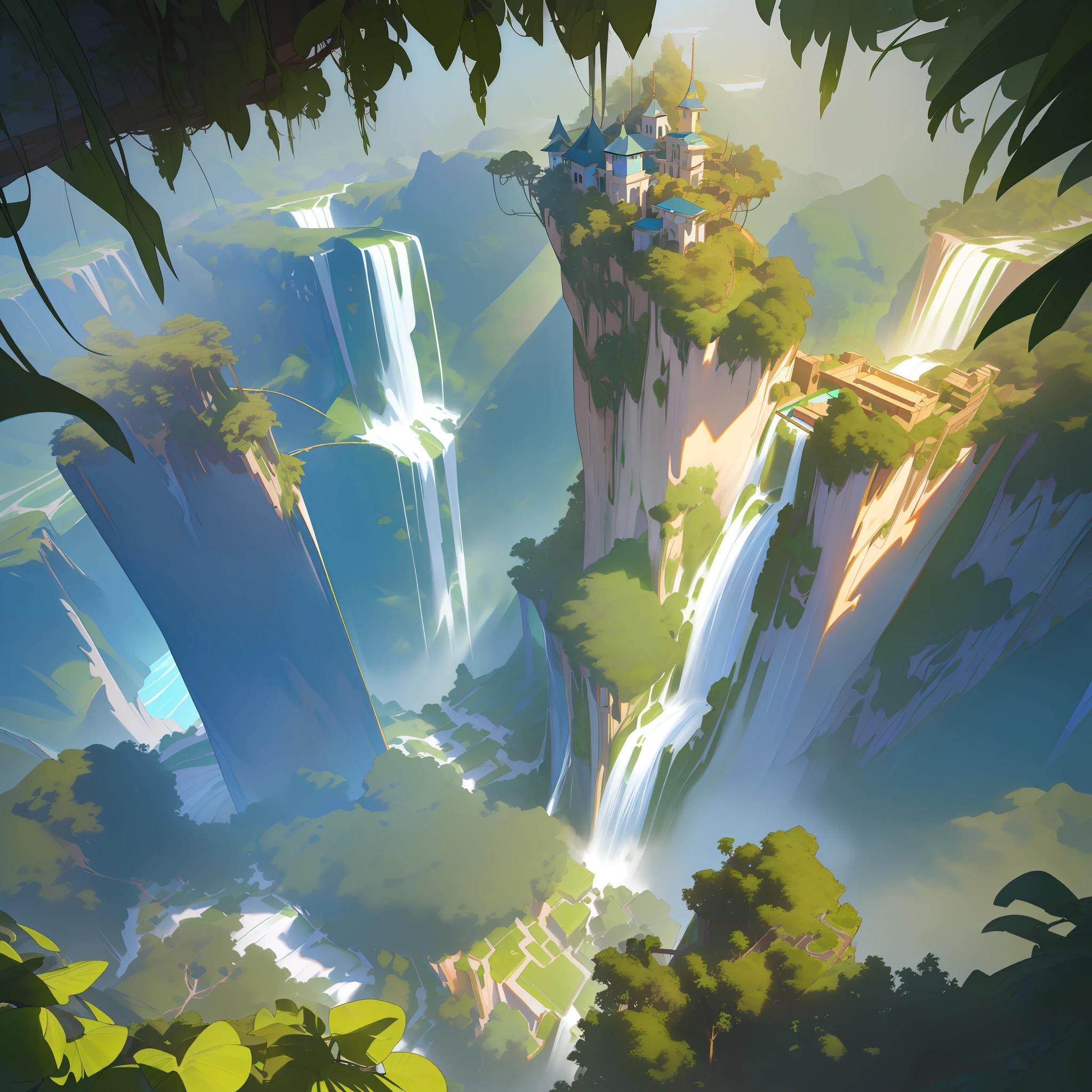 Masterpiece, best quality, (extremely detailed CG unity 8k wallpapers), (best quality), (best illustrations), (best shadows), land suspended in the air with vines on the base , with tropical rainforest on both sides, with waterfalls falling from above, isometric 3D, octane rendering, ray tracing, super detailed