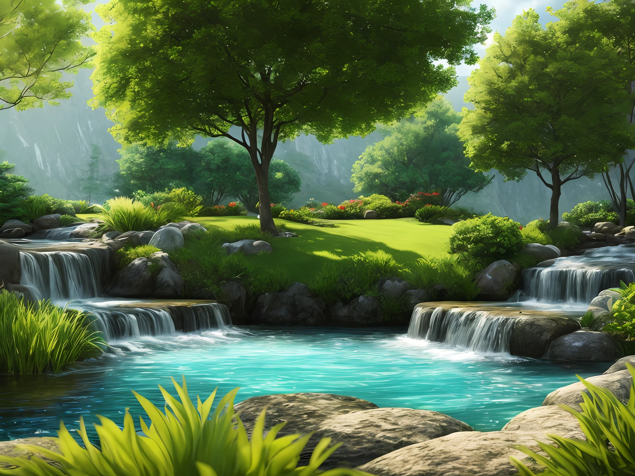 A serene place, very pleasant, beautiful, calm and beautifully landscaped. photorealistic, 8k uhd, studio quality, ultra realistic, maximum detail, large scale, postprocessing, photorealistic, photorealistic, photoshop, photography, detailed, cinematic lighting, landscape, panorama, scenery, ray tracing, cinema4d