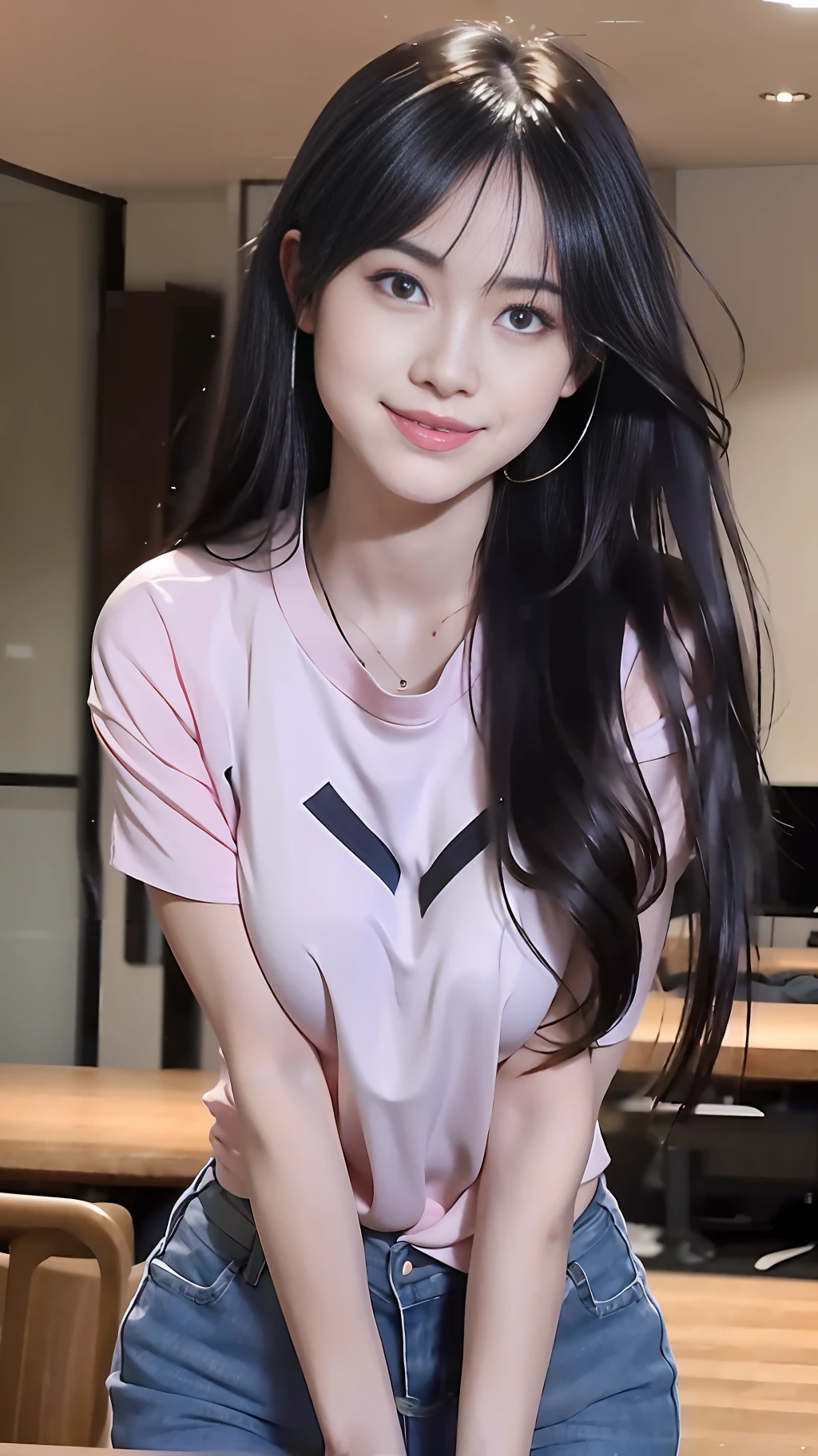 Masterpiece, top cg, highest quality, multiple actions, a beautiful girl, moist lips, blushing, shy, looking at you with a smile, black hair, smooth long hair, bangs, rosy skin, Jeans, shirt, sports, dynamic, slender straight legs, bust portrait, slender waist, best body, curvy, conservative, clavicle, exposed waist, thin, indoor, gym, best picture, 8k resolution, Ultra HD picture quality, the best picture quality, master work, perfect pixel, (top cg, 3d effect)