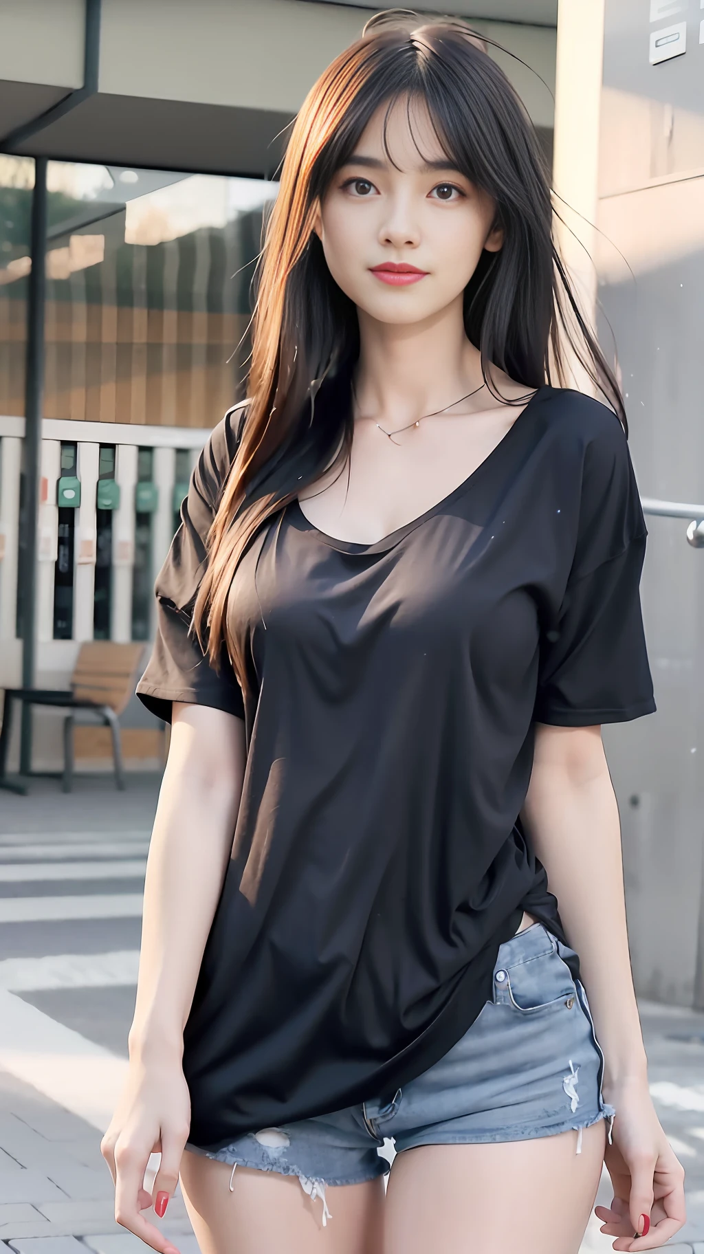 Masterpiece, top cg, highest quality, multiple actions, a beautiful girl, moist lips, blushing, shy, looking at you with a smile, black hair, smooth long hair, bangs, rosy skin, Jeans, shirt, sports, dynamic, slender straight legs, bust portrait, slender waist, best body, curvy, conservative, clavicle, exposed waist, thin, indoor, gym, best picture, 8k resolution, Ultra HD picture quality, the best picture quality, master work, perfect pixel, (top cg, 3d effect)