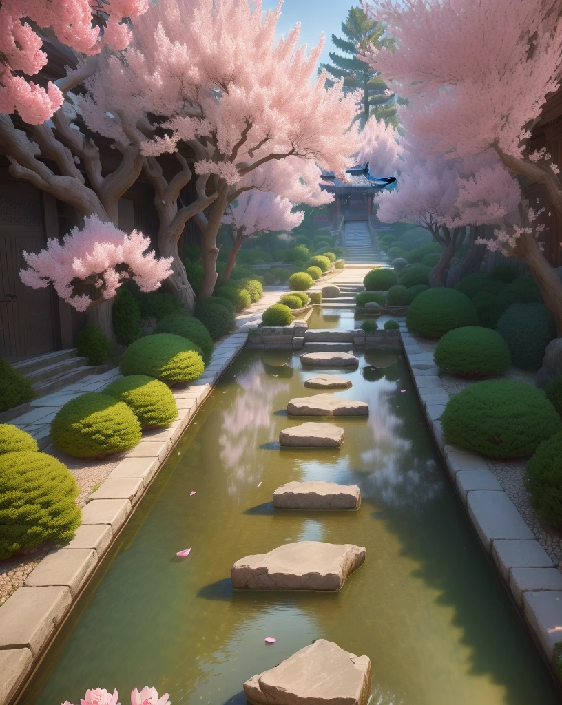 Masterpiece, best quality, (extremely detailed CG unity 8k wallpaper), (best quality), (best illustration), (best shading), ancient Tang dynasty garden, peony garden in the middle, pine forests on both sides , cobblestone road, isometric 3D, octane rendering, ray tracing, super detailed