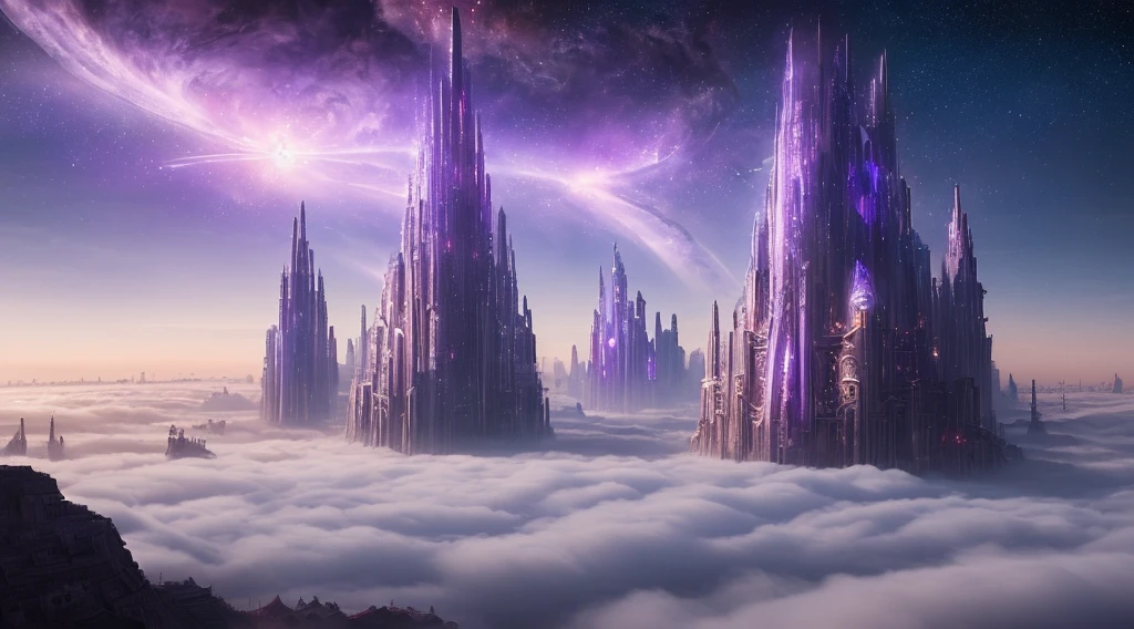 ((master piece)),best quality, (8k, best quality, masterpiece:1.2), ultra-detailed, illustration, Grand scene, big city, Science fiction, ethereal city, Floating city, many planets in the skies, clouds around, celestial architecture, purple energy is erupting from the terrain as scars