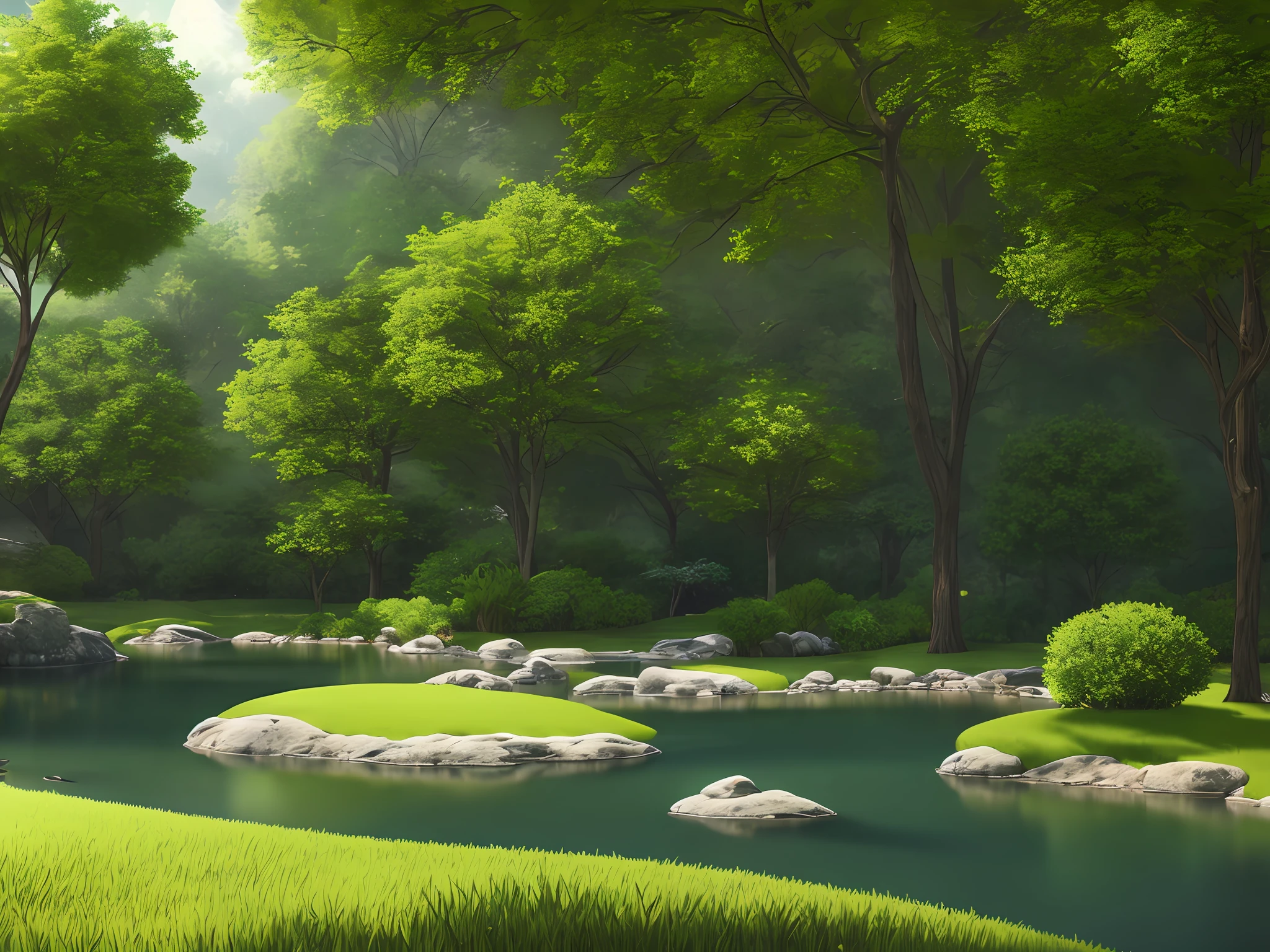 A serene place, very pleasant, beautiful, calm and beautifully landscaped. photorealistic, 8k uhd, studio quality, ultra realistic, maximum detail, large scale, postprocessing, photorealistic, photorealistic, photoshop, photography, detailed, cinematic lighting, landscape, panorama, scenery, ray tracing, cinema4d