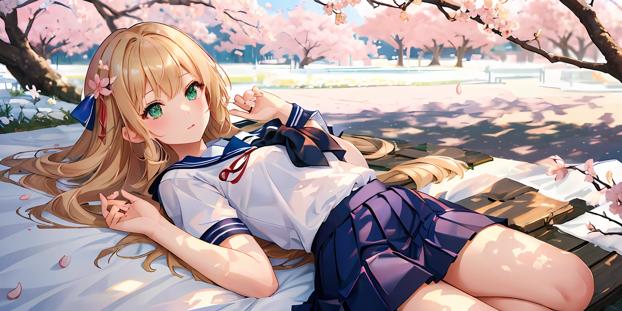 ((masterpiece, best quality, high resolution, super resolution, super detailed, ultra detailed, rich background)), 1girl, solo, green eyes, blonde long hair tied with blue ribbon, blunt bangs, cute hairpin, lying on ground, school uniform, serafuku, red sailor collar, short sleeves, blue pleated skirt, (outdoor), park, grass ground, surrounded with sakura tree, cherry blossom ambiance, dramatic light, afternoon, scenery