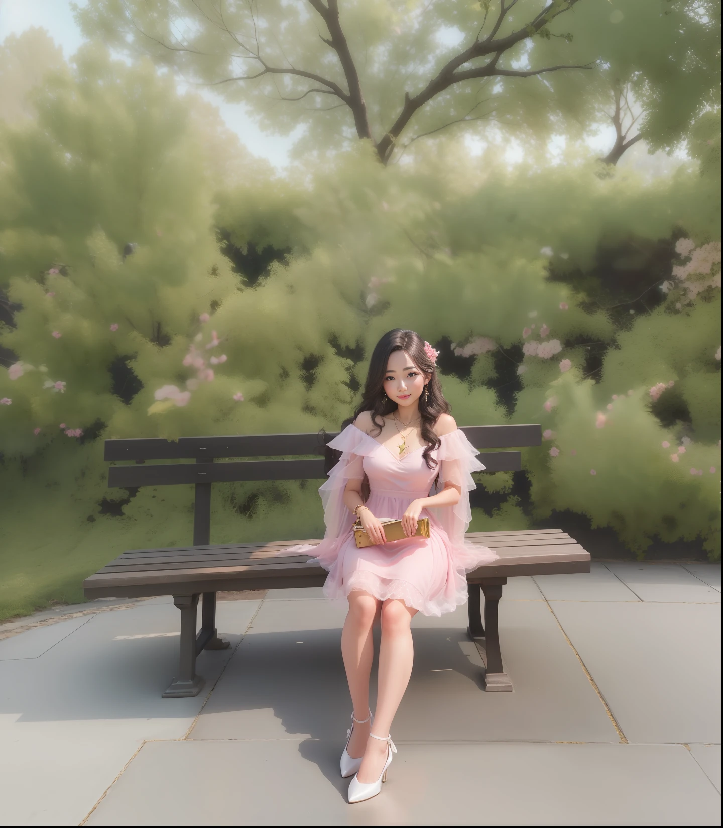 best quality, masterpiece, highres, 1girl,blush,(seductive smile:0.8),star-shaped pupils,necklace, jewelry,Beautiful face,upon_body, tyndall effect,photorealistic, dark studio, rim lighting, two tone lighting,(high detailed skin:1.2), 8k uhd, dslr, soft lighting, high quality, volumetric lighting, candid, Photograph, high resolution, 4k, 8k, Bokeh,,not sexy dress,beautiful pink dress,white lady shoe,beauty face