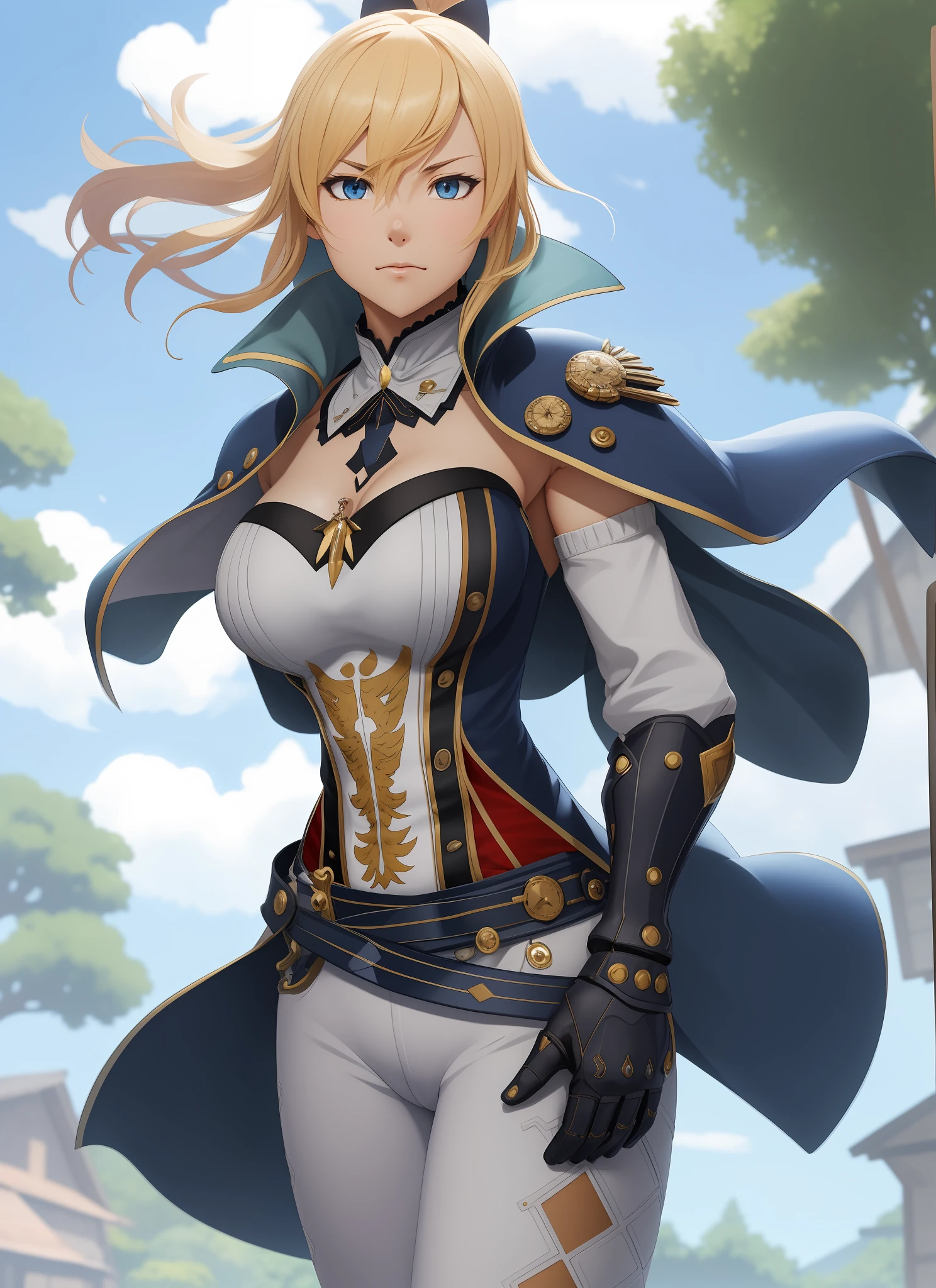 "((workshop)), perfect quality, fat, bulging, full body, stunning beauty, jeanfavonian, big breasts, (high-quality anime, Makoto Shinkai), angry, standing on the street near the river next to the forest, hands on chest, looking at the viewer, without gauntlets. Short hair blowing in the wind, the background is simple and blue, and the gaze is directed downwards at a low angle, a bright lightning.