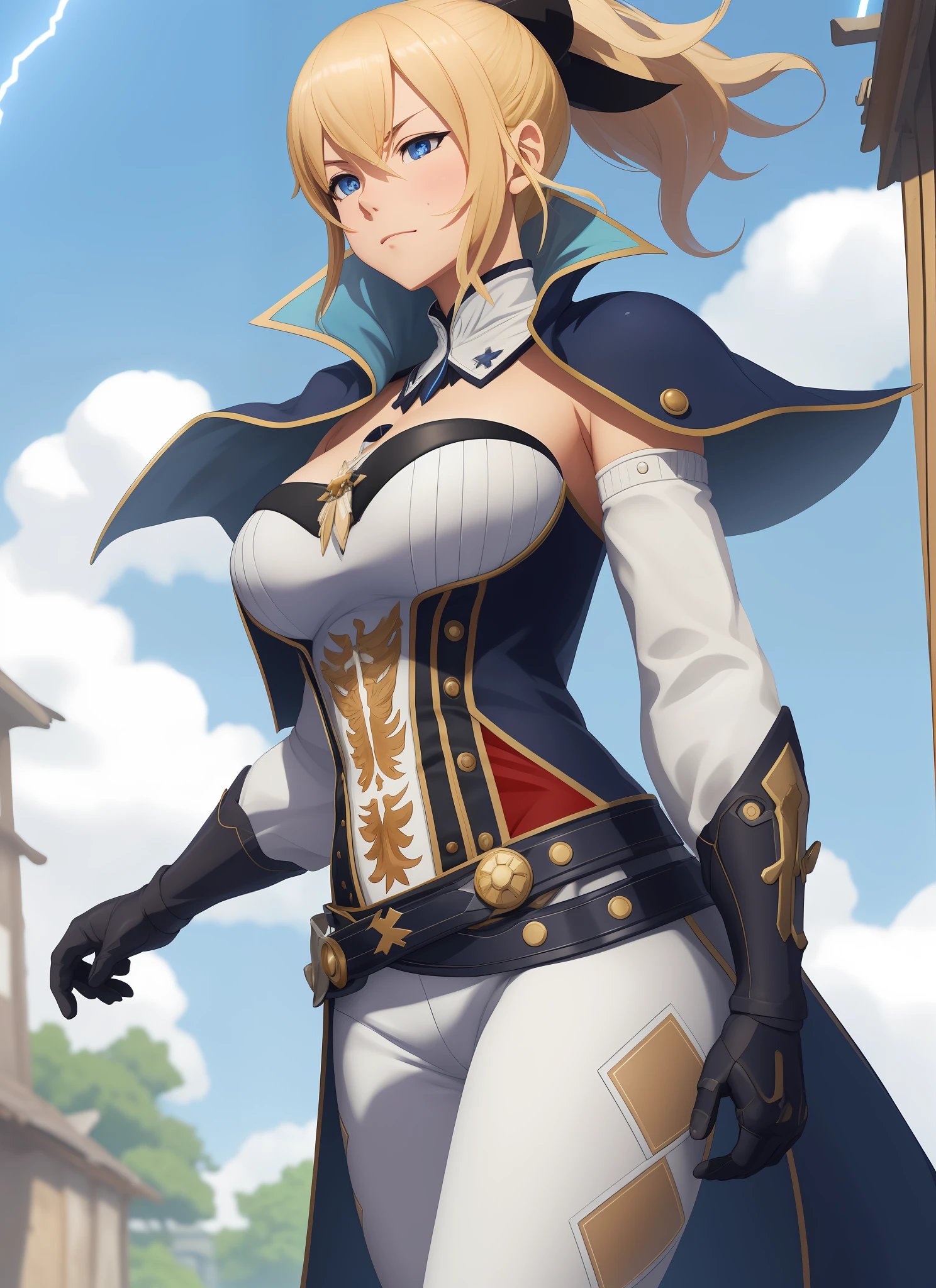 "((workshop)), perfect quality, fat, bulging, full body, stunning beauty, jeanfavonian, small breasts, (high-quality anime, Makoto Shinkai), angry, blush, standing on the street near the river next to the village, hands on chest, looking at the viewer, without gauntlets. Short hair blowing in the wind, the background is simple and blue, and the gaze is directed downwards at a low angle, a bright lightning.