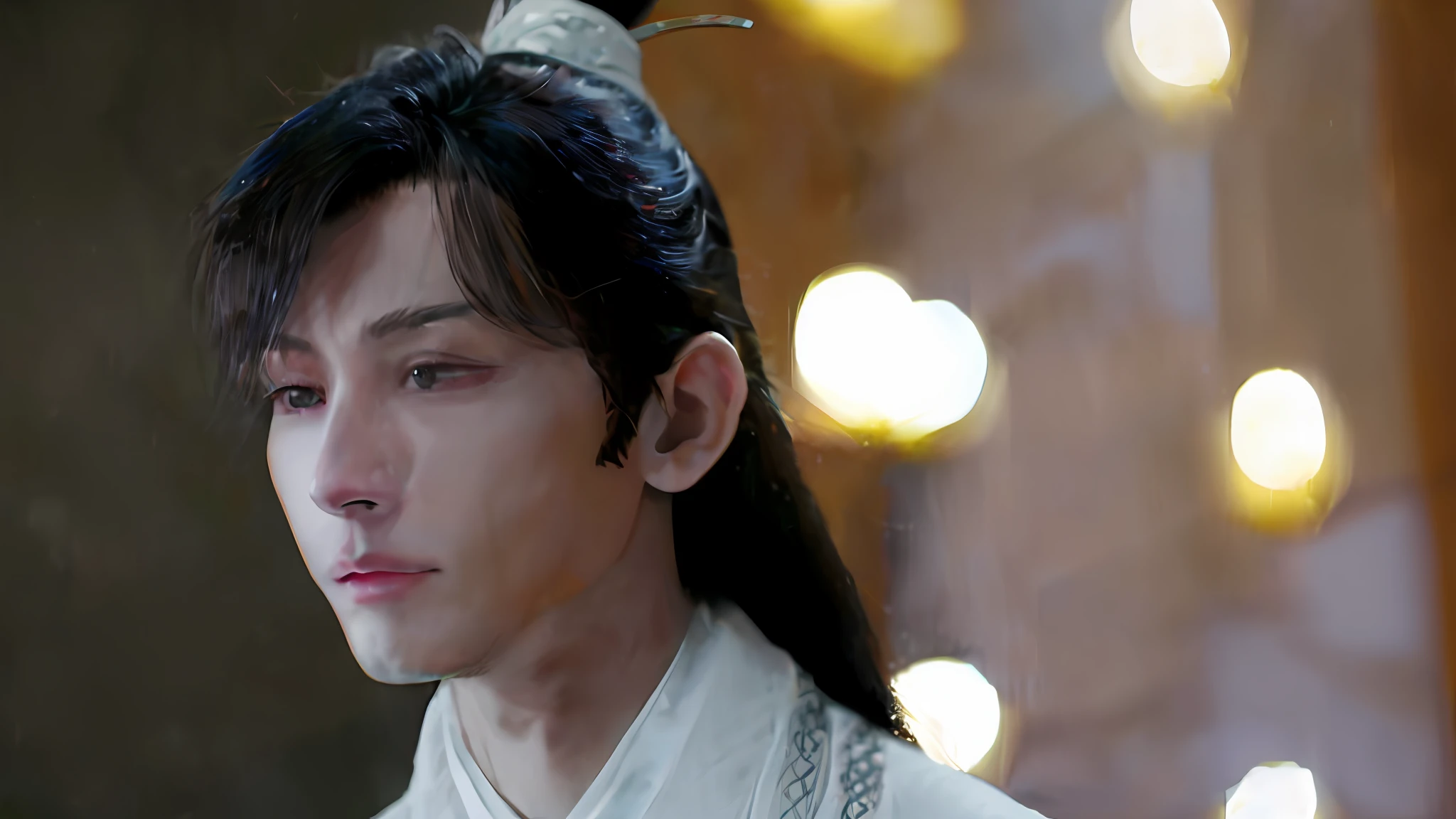 (Male: 1.1), [Monochrome: Pastel Color: 0.6] Theme, (Masterpiece), (Best Quality), (Detail), Light Layer, Glossy Skin, (Complicated Details: 1.1), Black Hair, long hair, black eyes,