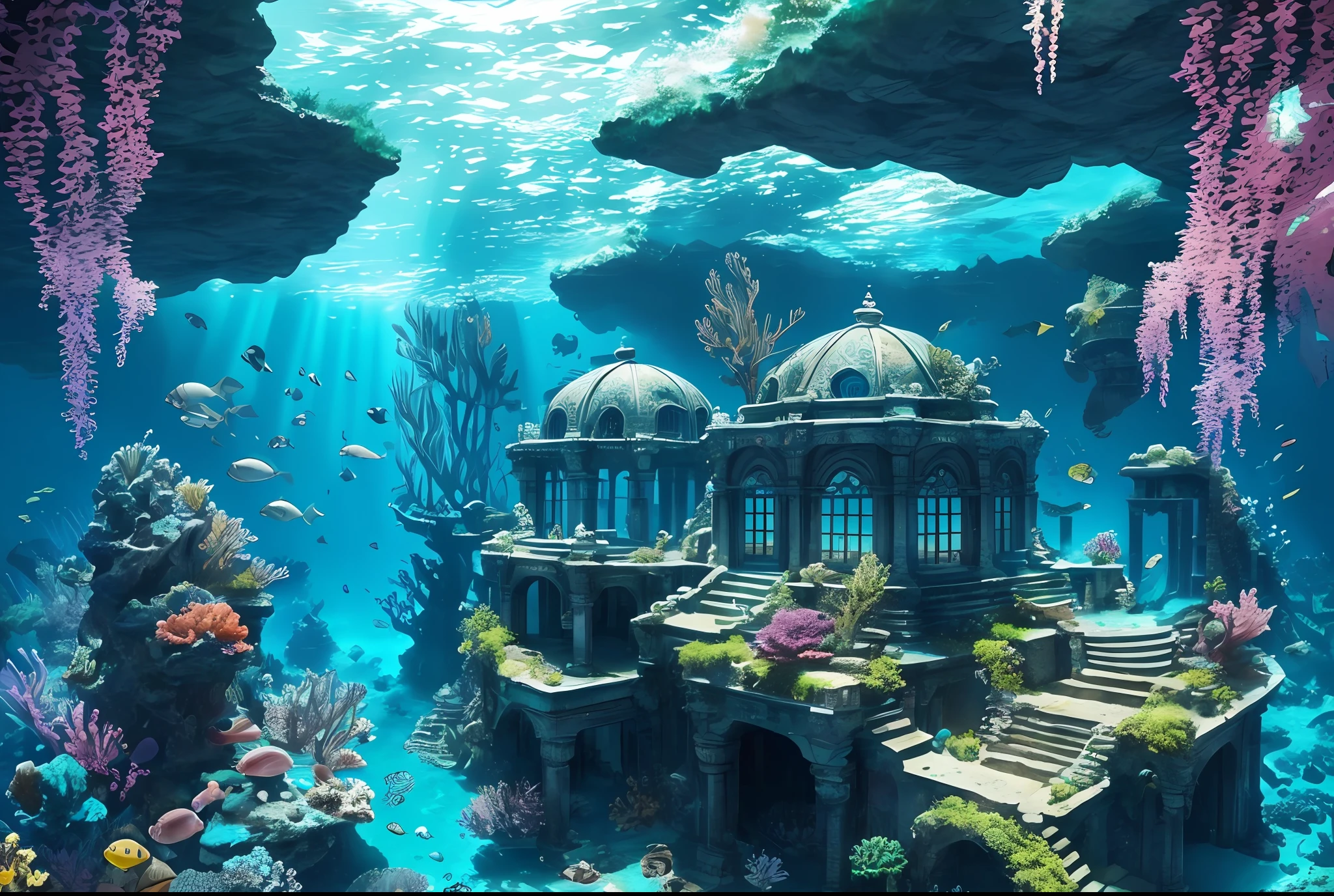 Underwater world deep sea, epic reality, (hdr: 1.4), dappled sunlight, cool colors, ancient ruins, underwater cities, marine life-type houses full of sense of design, incredible, epic composition, (complex details), ( Intricate Detail, Ultra Detail: 1.2), Art Station, Movie Clip, Intricate Background, (Masterpiece, Best Quality) --v 6
