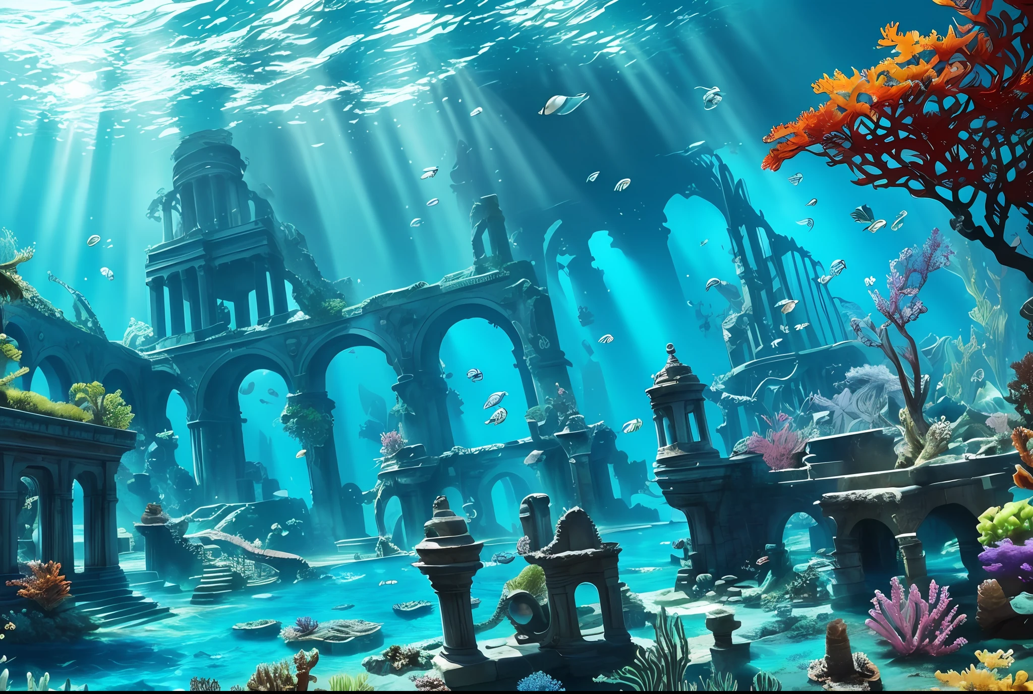 Underwater world deep sea, epic reality, (hdr: 1.4), dappled sunlight, cool colors, ancient ruins, underwater cities, ocean-type houses full of design sense, epic composition, (complex details), (complex details , Ultra Detail: 1.2), Art Station, Movie Snippets, Complex Backgrounds, (Masterpiece, Best Quality) --v 6