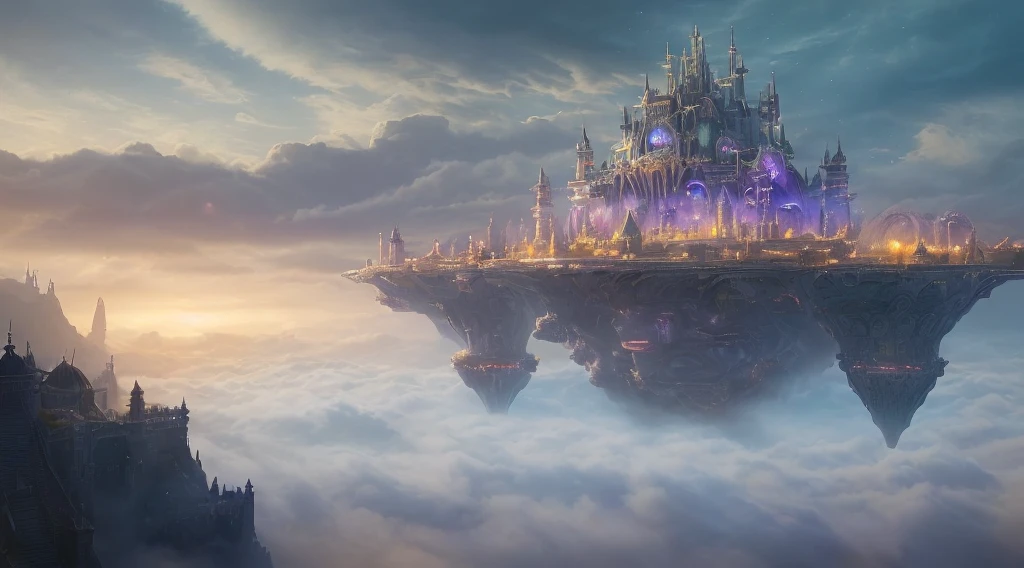 ((master piece)), best quality, (8k, best quality, masterpiece:1.2), ultra-detailed, illustration, big fantasy city, Science fiction, ethereal city, Floating city, many planets in the skies, clouds around, celestial architecture, purple energy scarring around, Giant castle in the center, astral skies