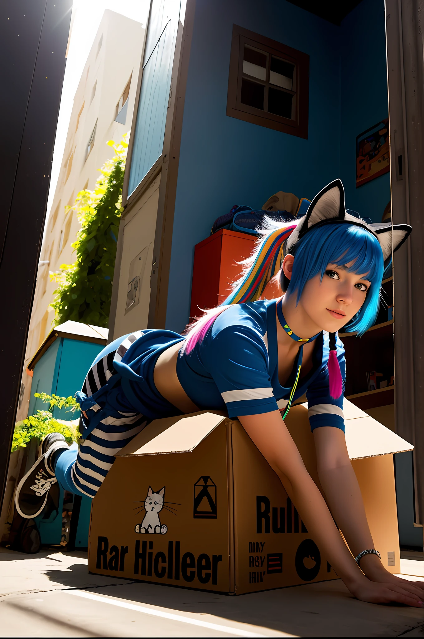 RAW photo, award winning photograrhy, hyperrealism, hoghly detailed, super high resolution, a young woman in a long blue t-shirt and climbs out of a cardboard box, the girl has cat ears and a striped tail, a blue choker, multi-colored hair, a door facing the street is open on the background, octane rendering, sun rays