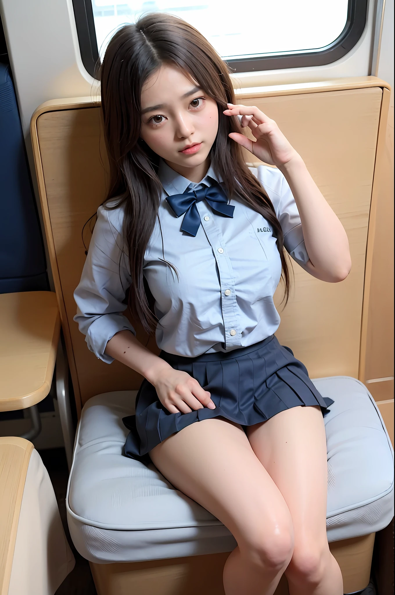 High angle shot, centered view,arafed asian woman in a short skirt and bow tie sitting on a train, cute schoolgirl, japanese girl school uniform, wearing japanese school uniform, japanese school uniform, a hyperrealistic schoolgirl, dressed as schoolgirl, hyperrealistic schoolgirl, wearing school uniform, realistic schoolgirl, girl wearing uniform, wearing a school uniform, of a schoolgirl posing, full body, nice skin, glowing skin, nice thighs,glowing thigh, glowing legs