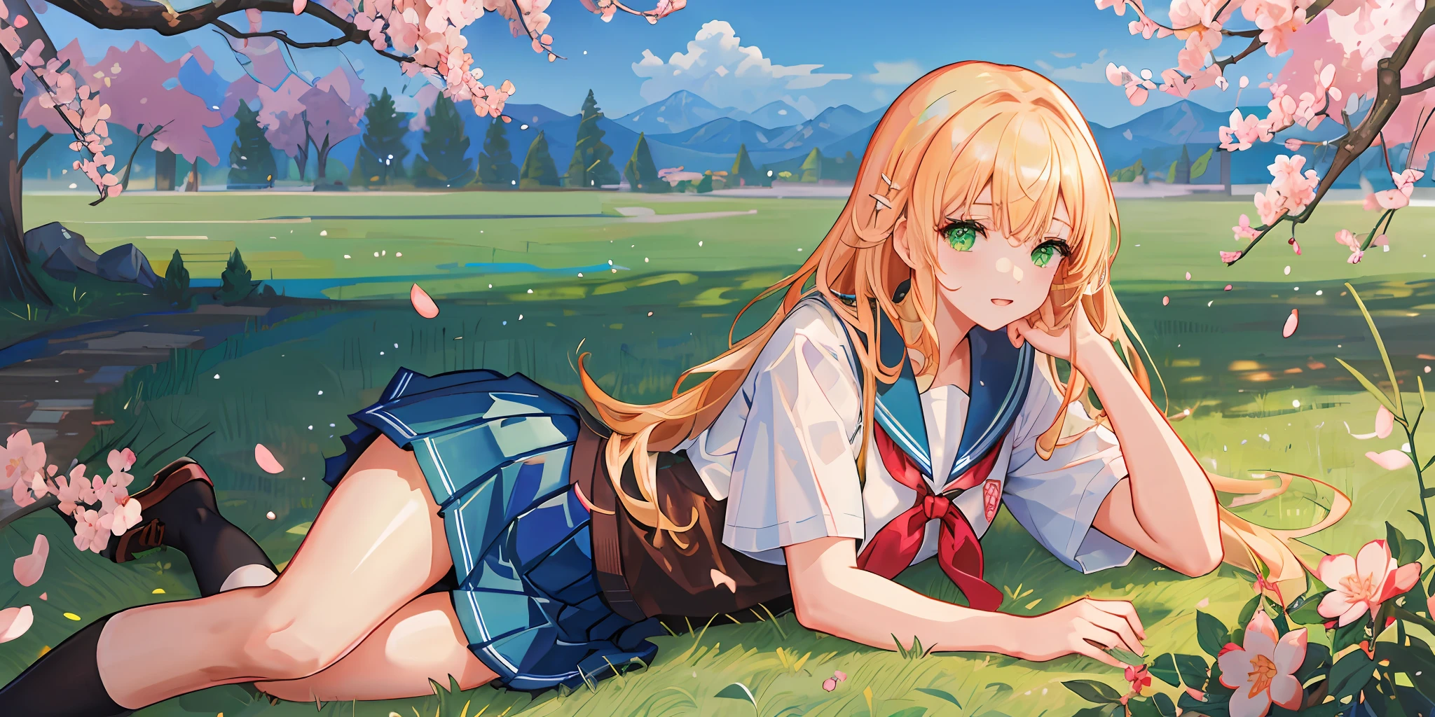 ((masterpiece, best quality, high resolution, super resolution, super detailed, ultra detailed, rich background)), 1girl, solo, green eyes, blonde long hair tied with blue ribbon, blunt bangs, cute hairpin, lying on ground, school uniform, serafuku, red sailor collar, short sleeves, blue pleated skirt, (outdoor), park, grass ground, surrounded with sakura tree, cherry blossom ambiance, dramatic light, afternoon, scenery