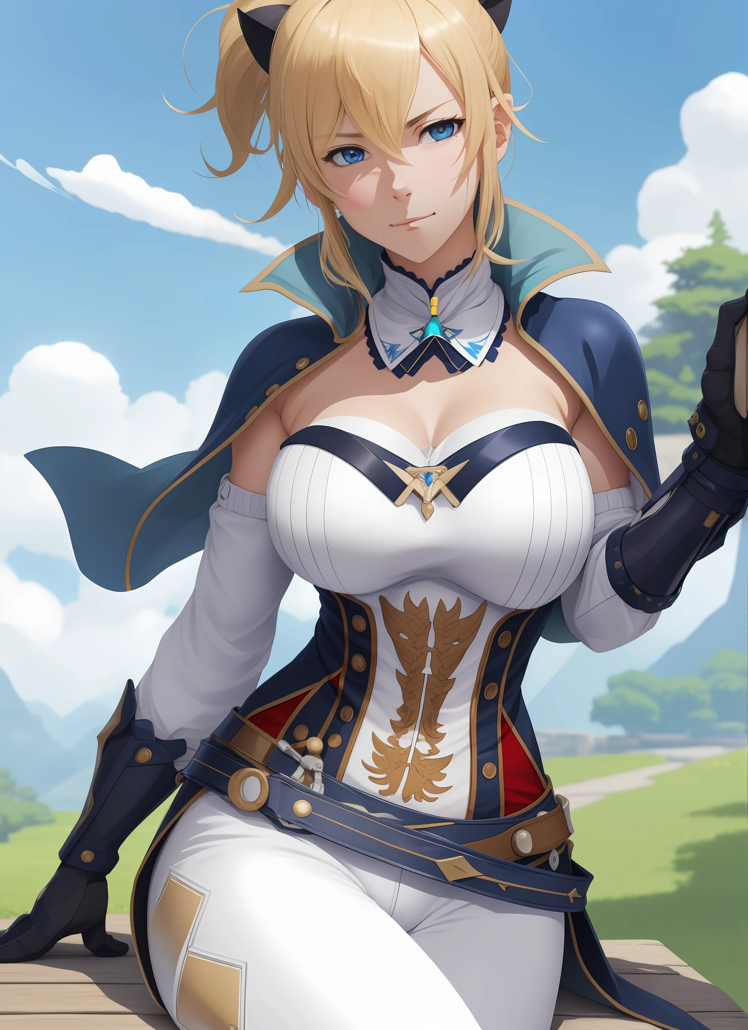 &quot;((workshop)), perfect quality, fat, bulging, full body, stunning beauty, jeanfavonian, small breasts, (high-quality anime, Makoto Shinkai), angry, blush, sitting on the bench near the river next to the village, hands on chest, looking at the viewer, without gauntlets. Short hair blowing in the wind, the background is simple and blue, and the gaze is directed downwards at a low angle, a bright lightning.