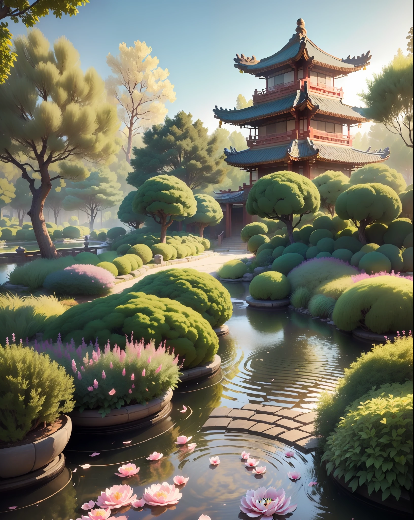 Masterpiece, best quality, (extremely detailed CG unity 8k wallpaper), (best quality), (best illustration), (best shading), ancient Tang dynasty garden, peony garden in the middle, pine forests on both sides , cobblestone road, isometric 3D, octane rendering, ray tracing, super detailed, --v 6