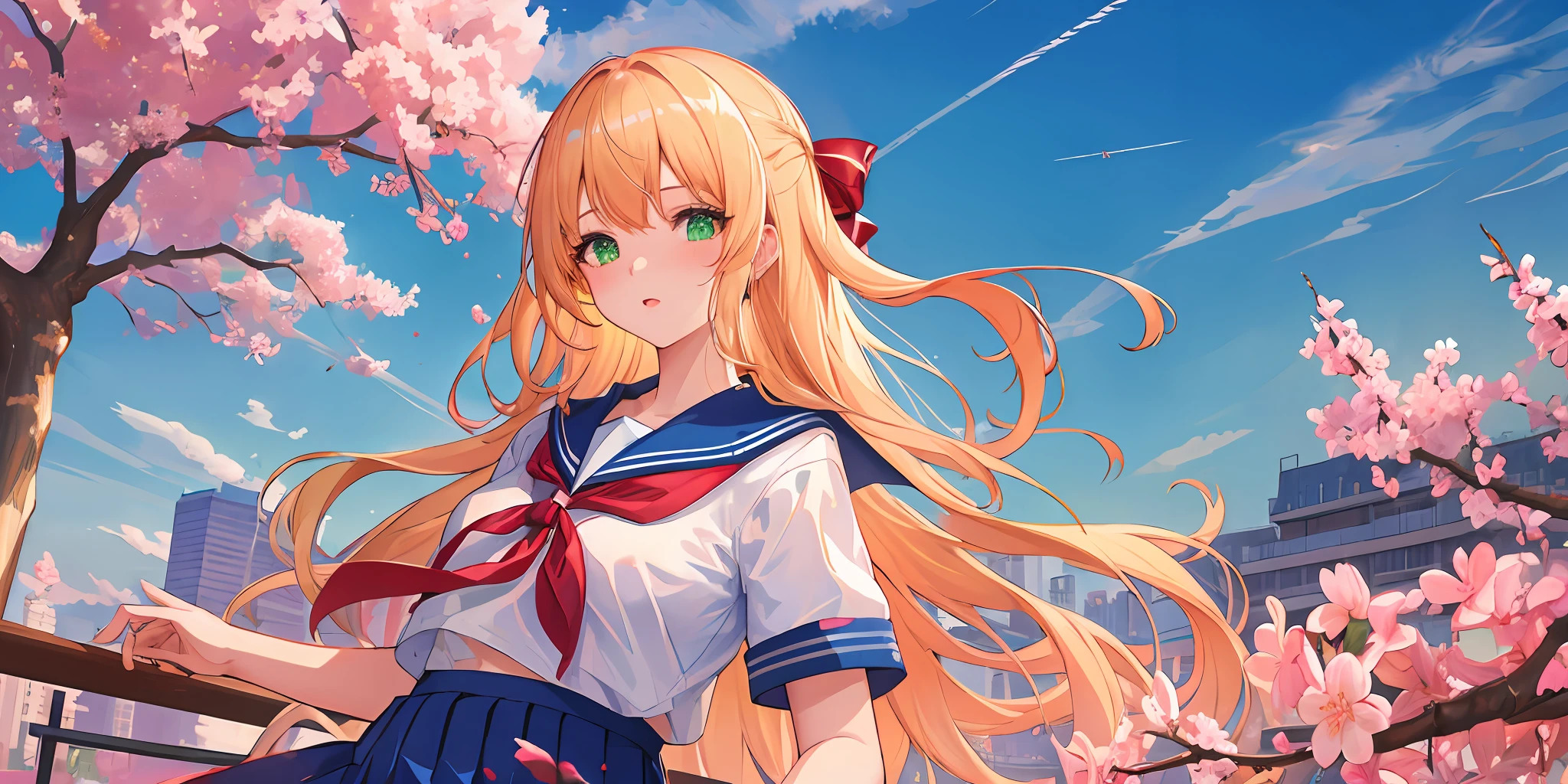 ((masterpiece, best quality, high resolution, super resolution, super detailed, ultra detailed, rich background)), 1girl, solo, green eyes, blonde long hair tied with blue ribbon, blunt bangs, cute hairpin, lying on ground, school uniform, serafuku, red sailor collar, short sleeves, blue pleated skirt, (outdoor), park, grass ground, surrounded with sakura tree, cherry blossom ambiance, dramatic light, afternoon, scenery