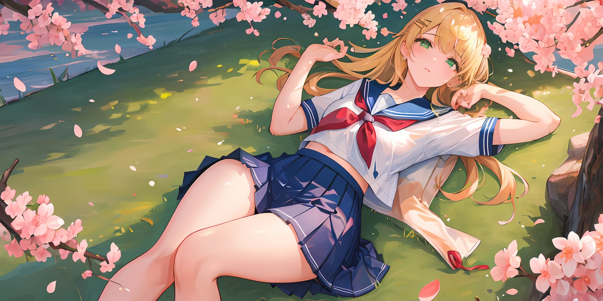 ((masterpiece, best quality, high resolution, super resolution, super detailed, ultra detailed, rich background)), 1girl, solo, green eyes, blonde long hair tied with blue ribbon, blunt bangs, cute hairpin, lying on ground, school uniform, serafuku, red sailor collar, short sleeves, blue pleated skirt, (outdoor), park, grass ground, surrounded with sakura tree, cherry blossom ambiance, dramatic light, afternoon, scenery