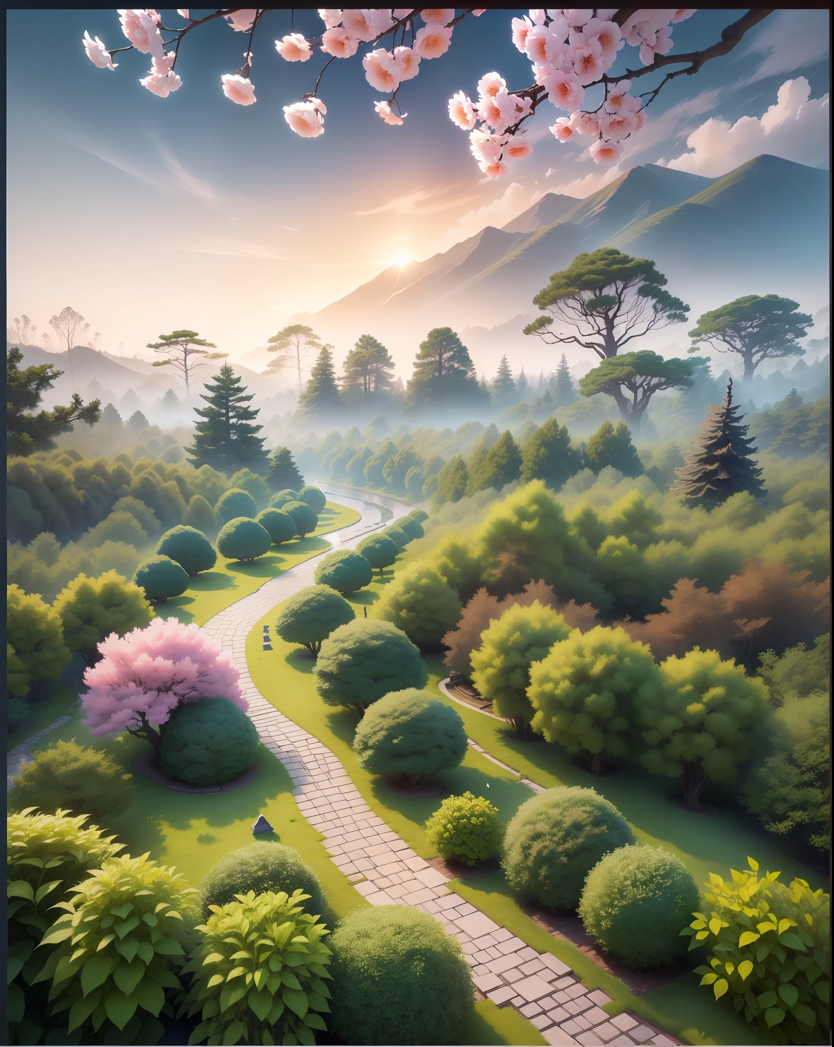 Masterpiece, best quality, (extremely detailed CG unity 8k wallpaper), (best quality), (best illustration), (best shading), ancient Tang dynasty garden, peony garden in the middle, pine forests on both sides , cobblestone road, isometric 3D, octane rendering, ray tracing, super detailed, --v 6