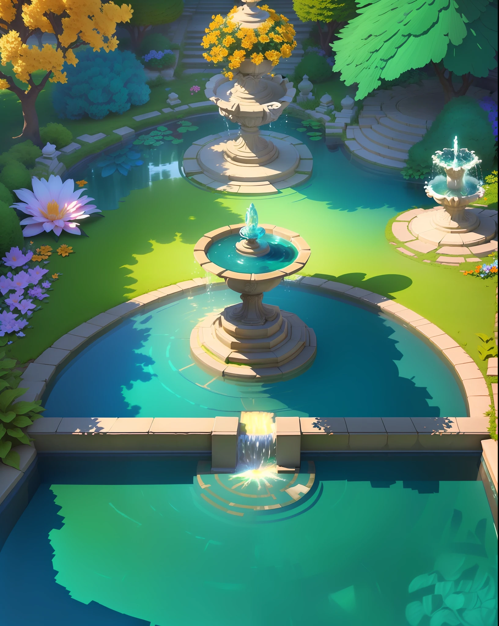 Masterpiece, best quality, (extremely detailed CG unity 8k wallpaper), (best quality), (best illustration), (best shading), old manor with a gorgeous garden fountain in the middle, Garden with a wide variety of colorful flowers surrounded by trees, , isometric 3D, octane render, ray tracing, super detailed