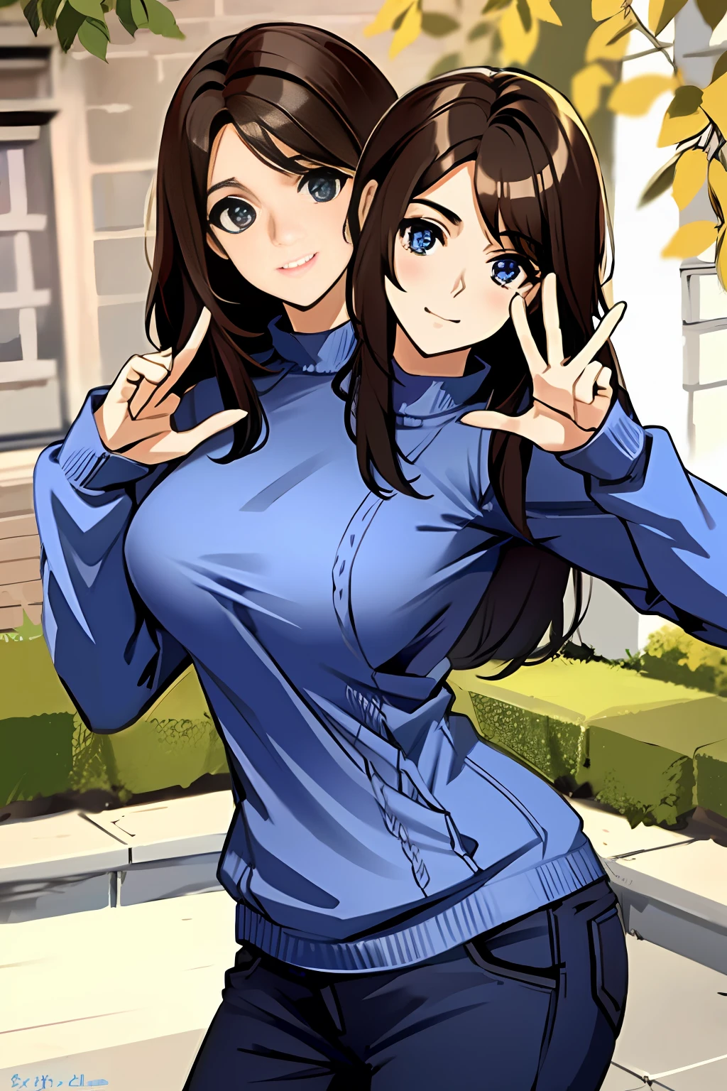 2heads, tribreasts, solo, close up, posing, long brown hair, blue sweater, outside,