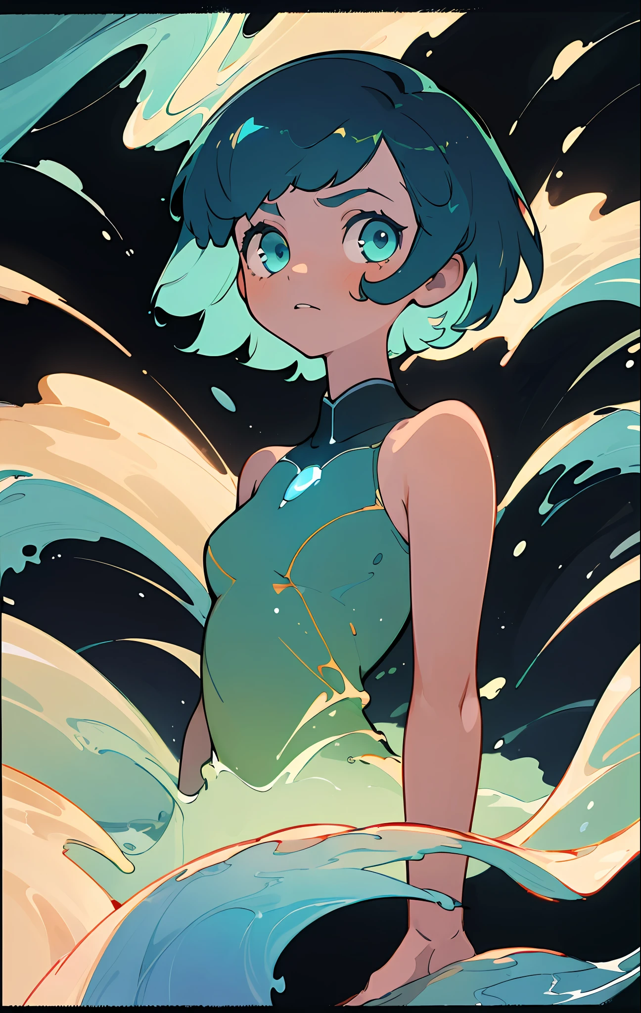 (best quality, masterpiece), 1girl, particle, water currents, upper body, simple dark background, looking at viewer, cyan short hair, galaxy