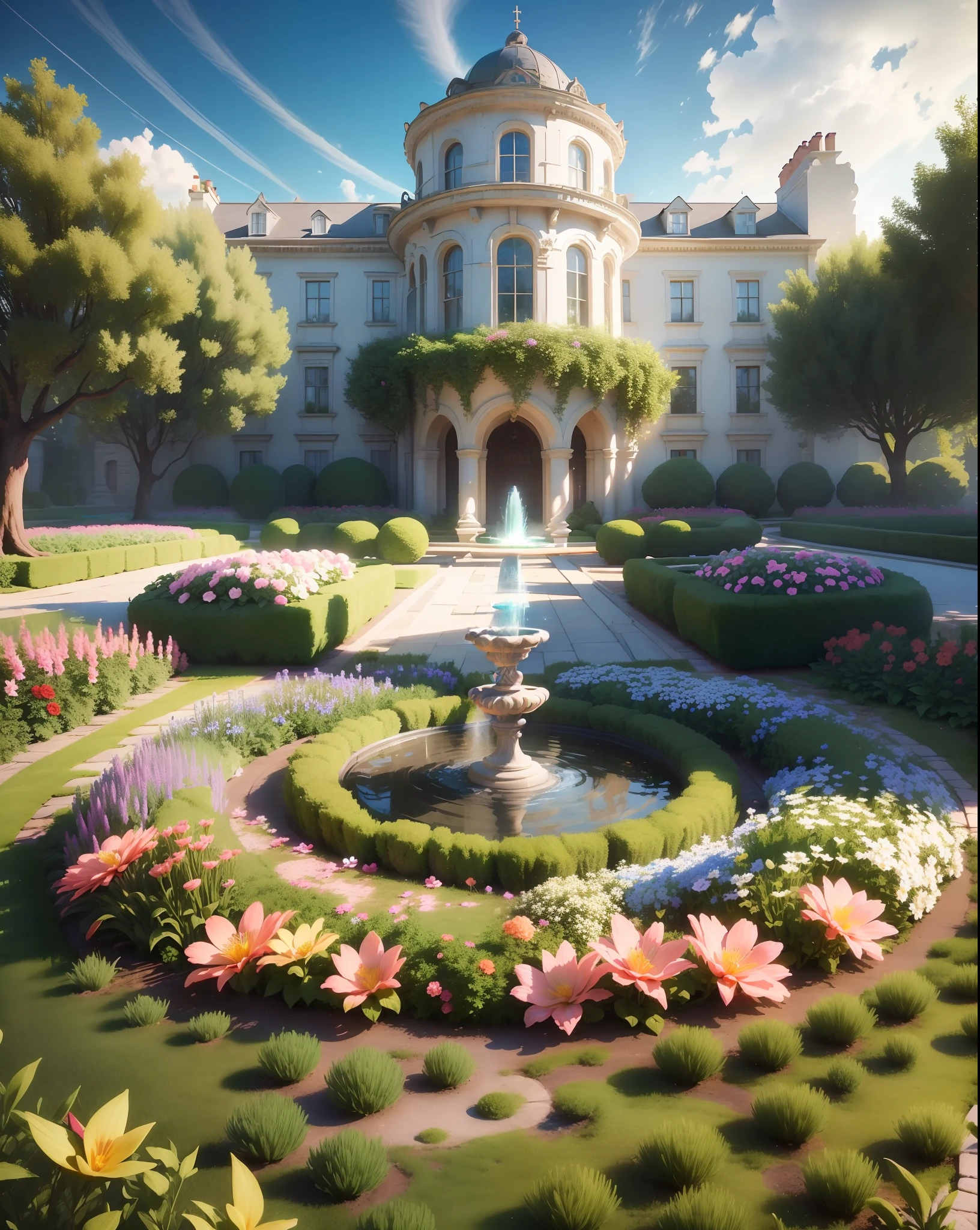 Masterpiece, best quality, (extremely detailed CG unity 8k wallpaper), (best quality), (best illustration), (best shadows), old manor with a gorgeous garden fountain in the middle, Garden with a variety of colorful flowers surrounded by trees, , isometric 3D, octane render, ray tracing, super detailed, --v 6